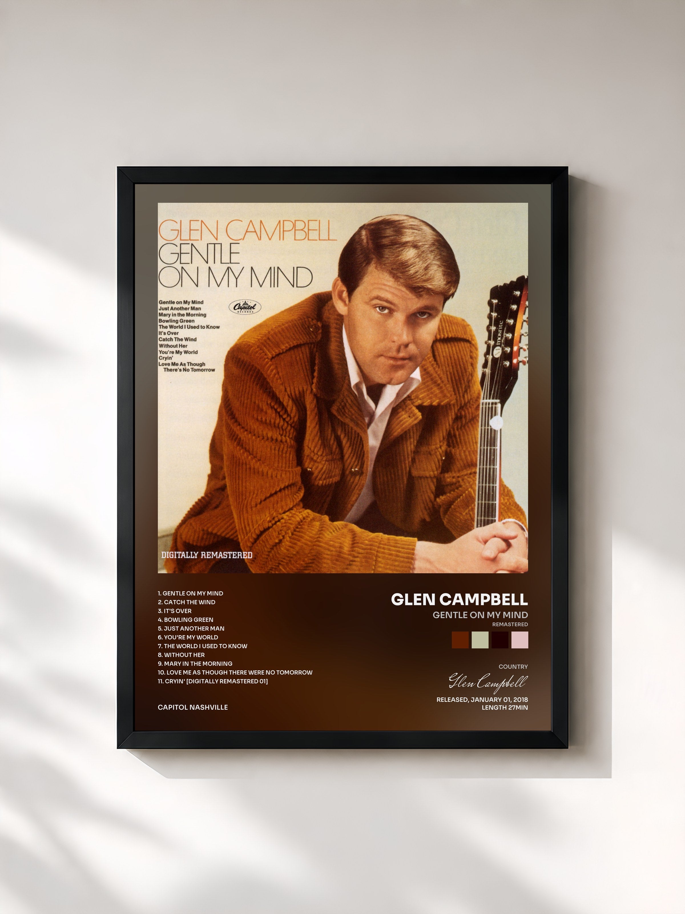 #noir Tableau de l'album Gentle On My Mind (Remastered) de Glen Campbell, cadre noir, imprimé et encadré en France