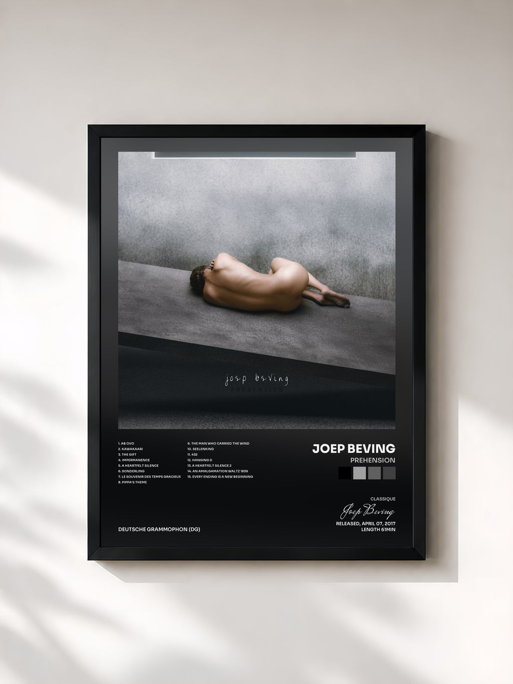#noir Tableau de l'album Prehension de Joep Beving, cadre noir, imprimé et encadré en France