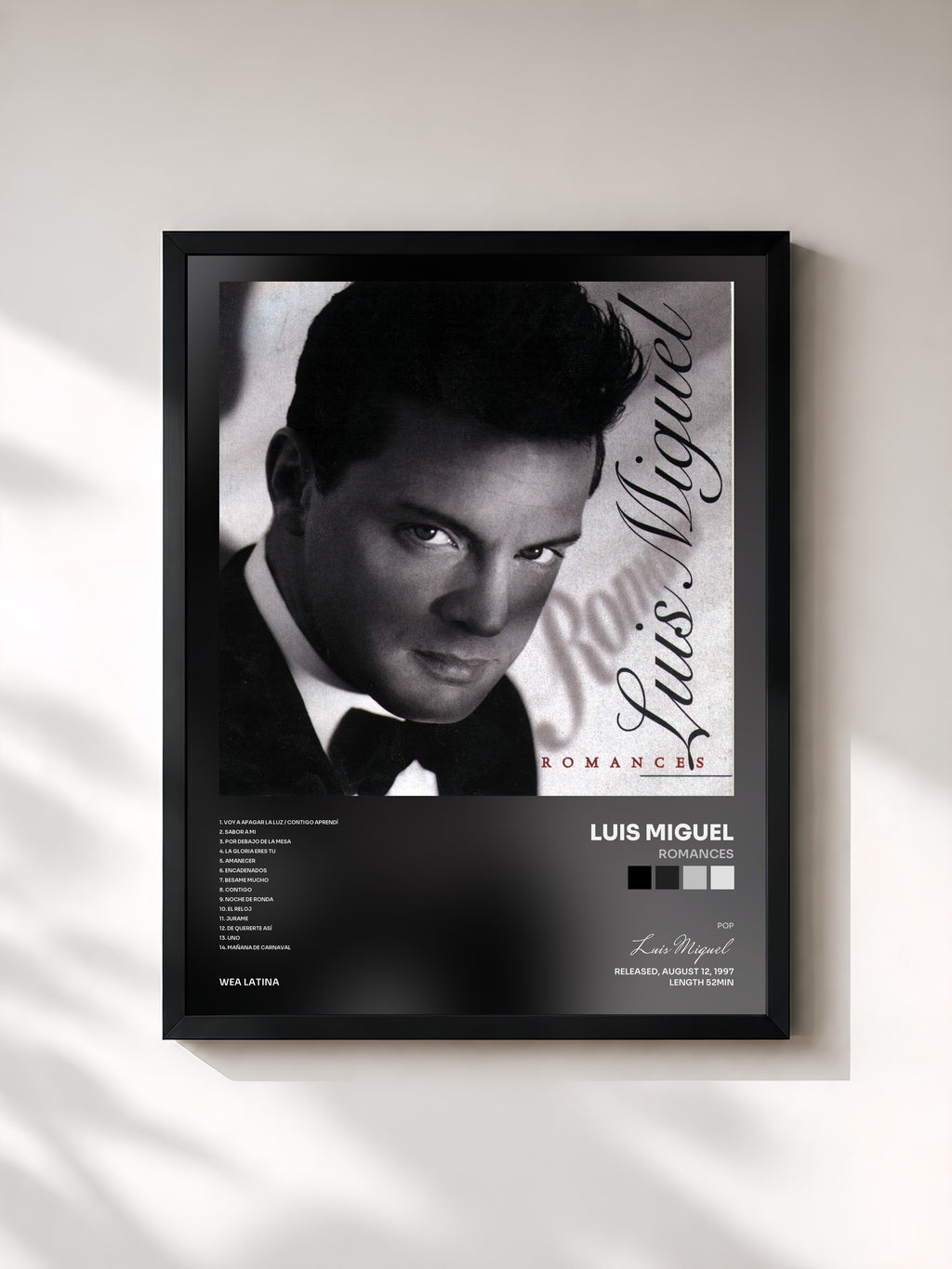 #noir Tableau de l'album Romances de Luis Miguel, cadre noir, imprimé et encadré en France
