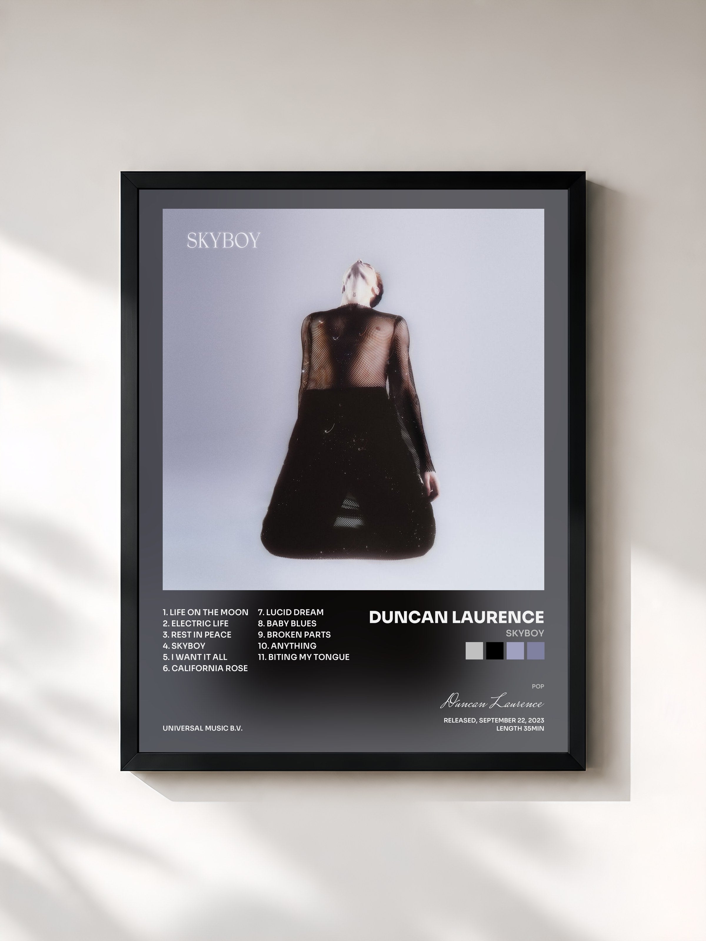 #noir Tableau de l'album Skyboy de Duncan Laurence, cadre noir, imprimé et encadré en France