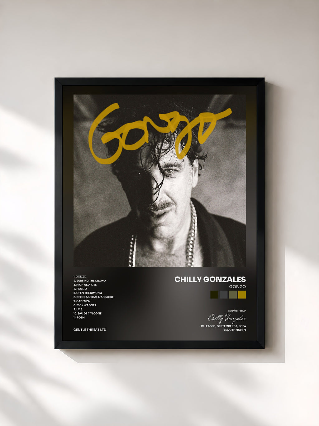 #noir Tableau de l'album Gonzo de Chilly Gonzales, cadre noir, imprimé et encadré en France