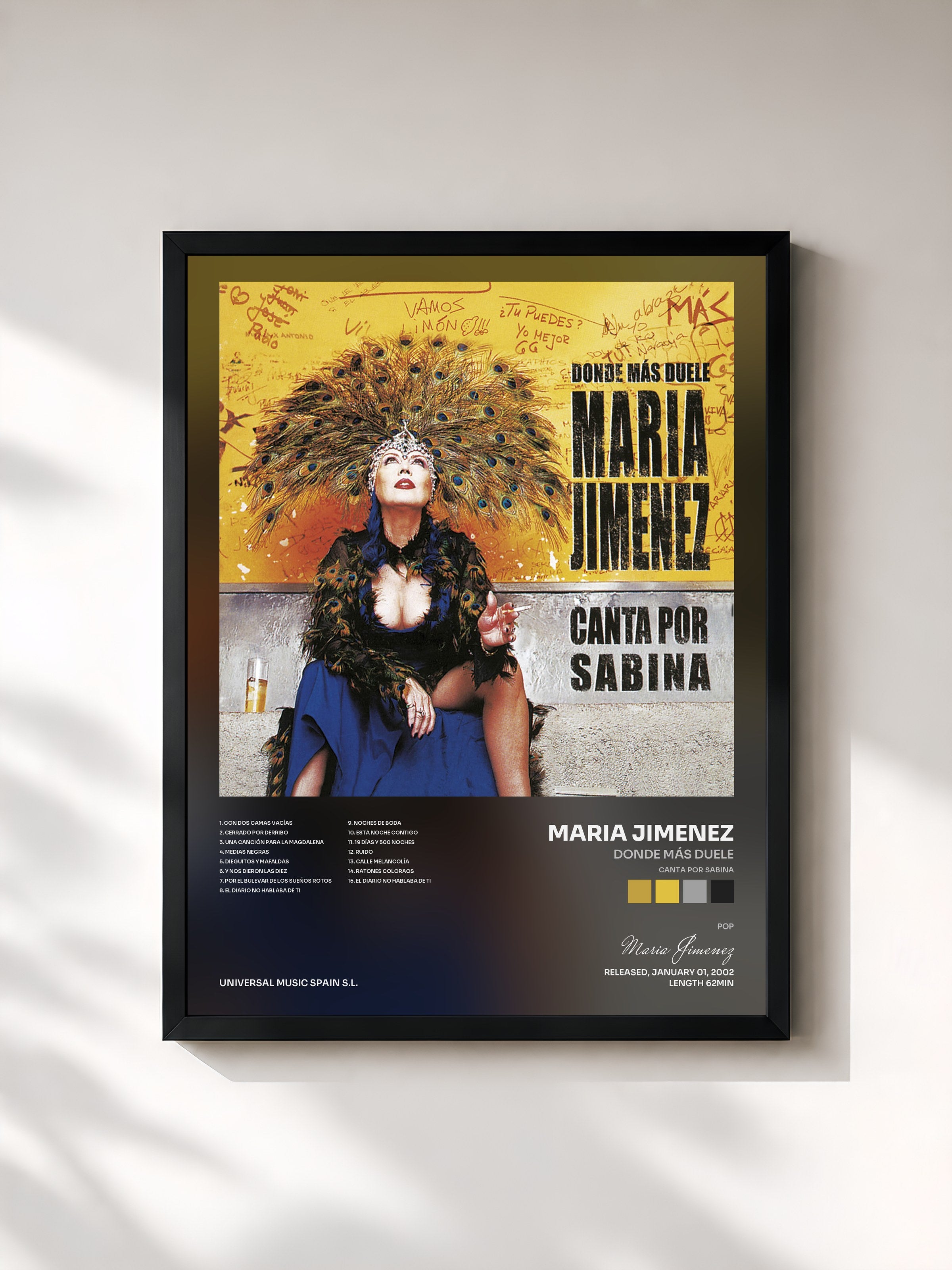 #noir Tableau de l'album Donde Más Duele (Canta Por Sabina) de Maria Jimenez, cadre noir, imprimé et encadré en France