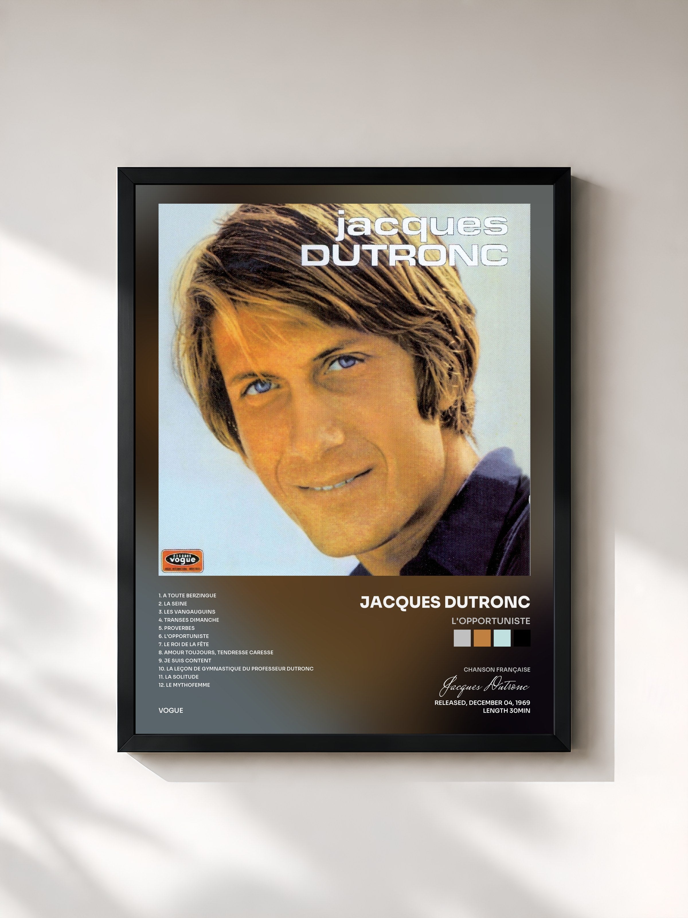#noir Tableau de l'album L'opportuniste de Jacques Dutronc, cadre noir, imprimé et encadré en France