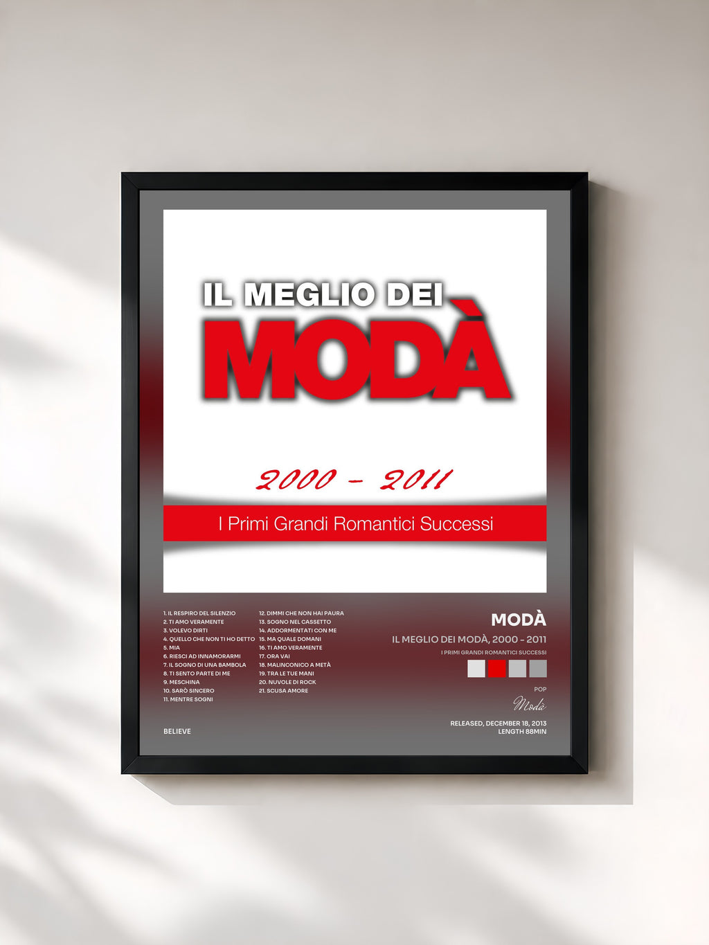 #noir Tableau de l'album Il meglio dei Modà, 2000 - 2011 (I primi grandi romantici successi) de Modà, cadre noir, imprimé et encadré en France
