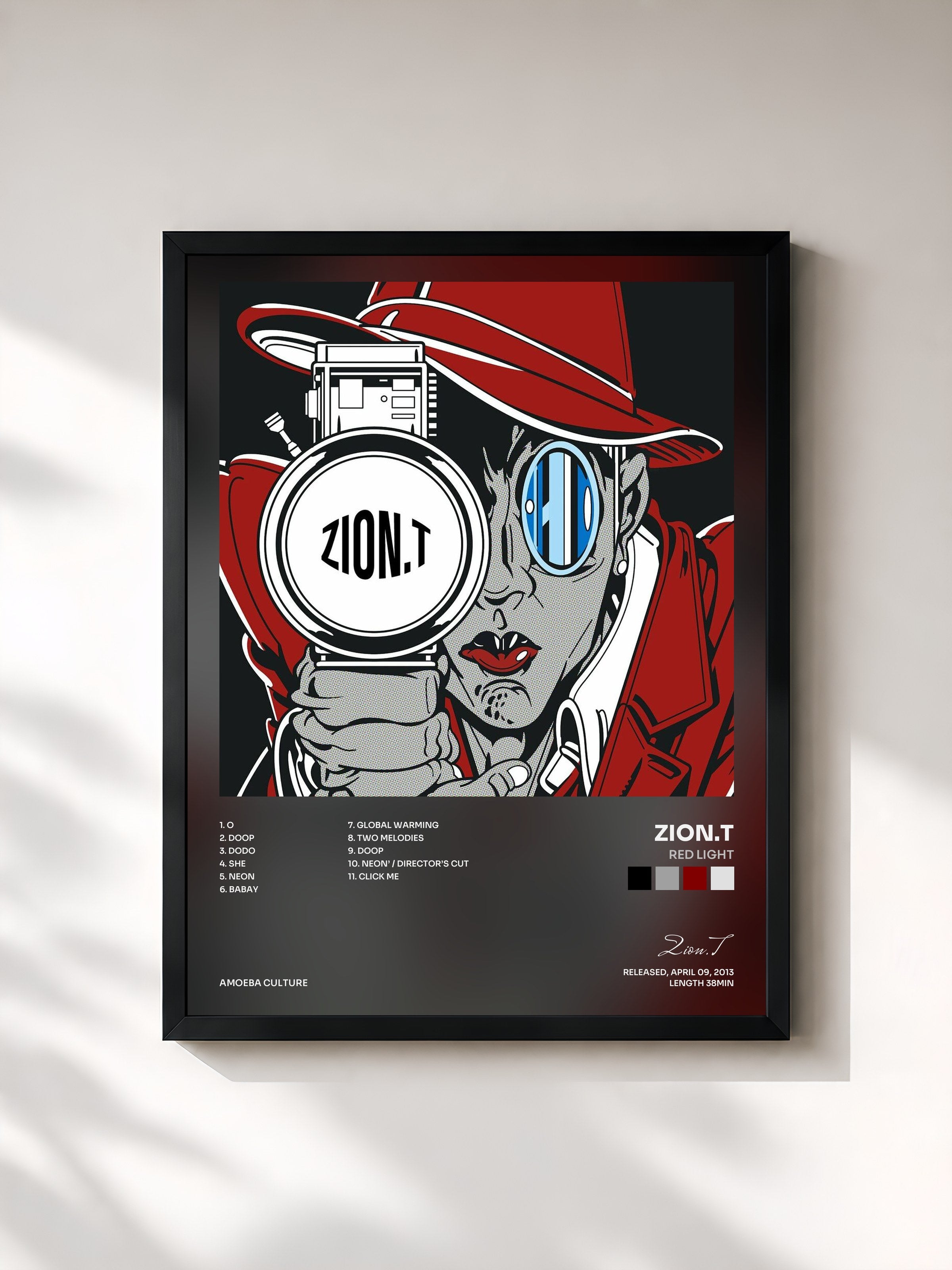 #noir Tableau de l'album Red Light de Zion.T, cadre noir, imprimé et encadré en France