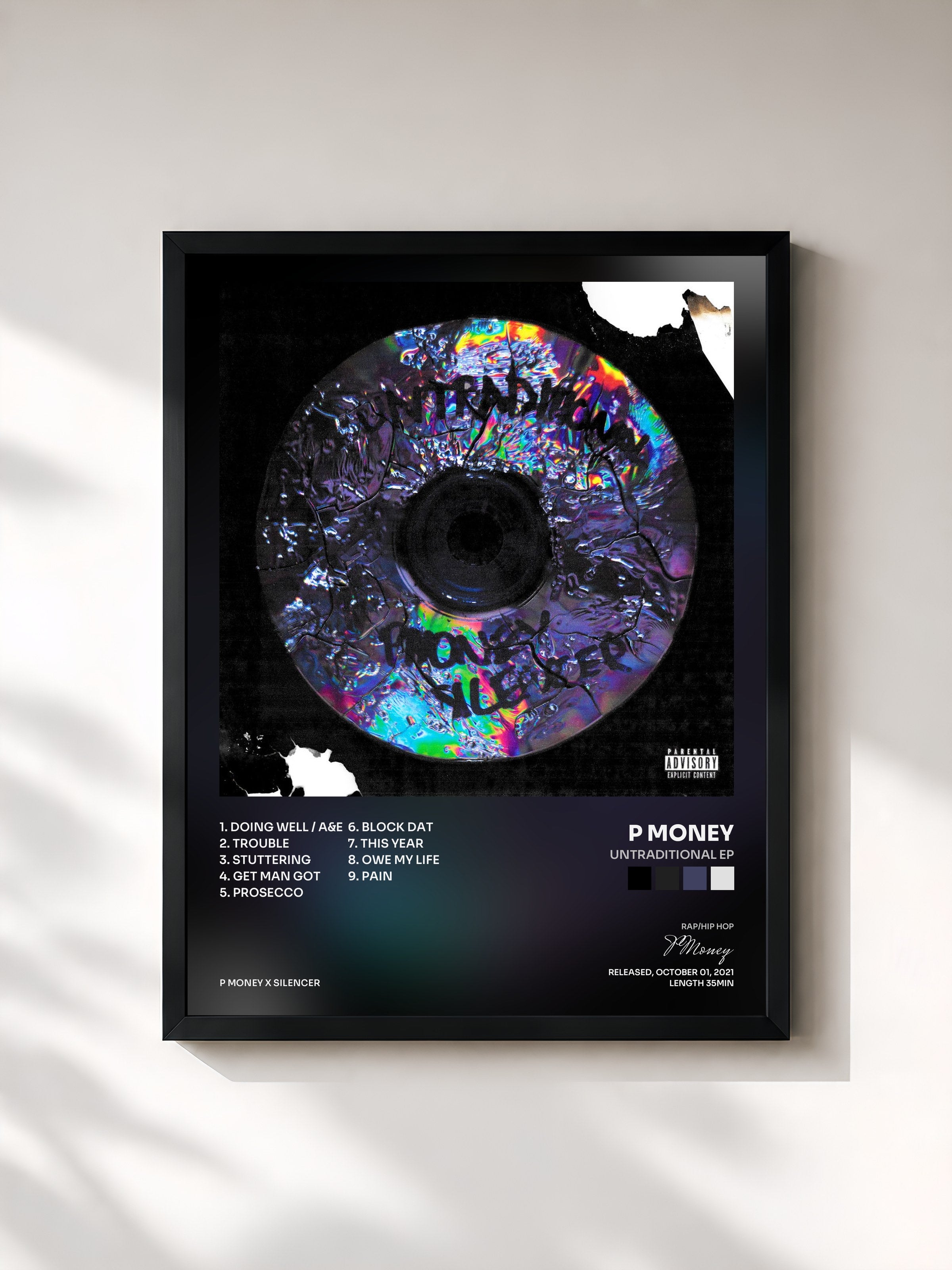 #noir Tableau de l'album Untraditional EP de P Money, cadre noir, imprimé et encadré en France