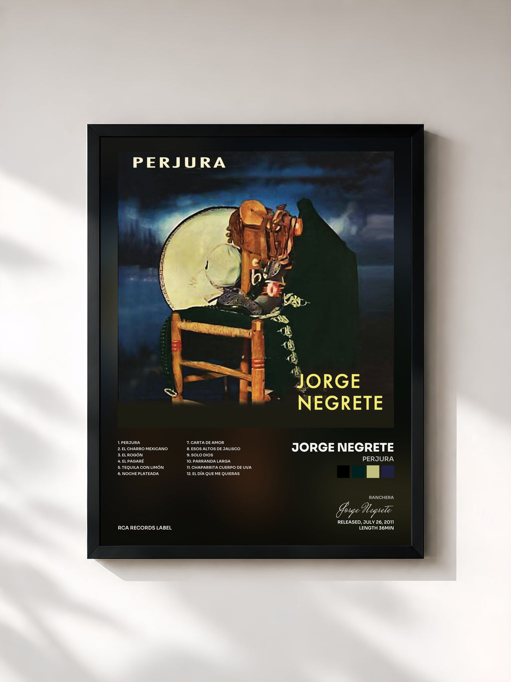 #noir Tableau de l'album Perjura de Jorge Negrete, cadre noir, imprimé et encadré en France