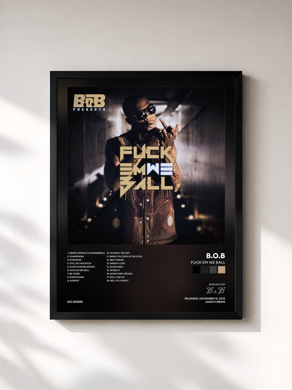 #noir Tableau de l'album Fuck Em We Ball de B.o.B, cadre noir, imprimé et encadré en France