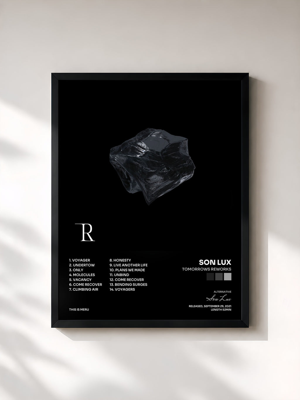 #noir Tableau de l'album Tomorrows Reworks de Son Lux, cadre noir, imprimé et encadré en France