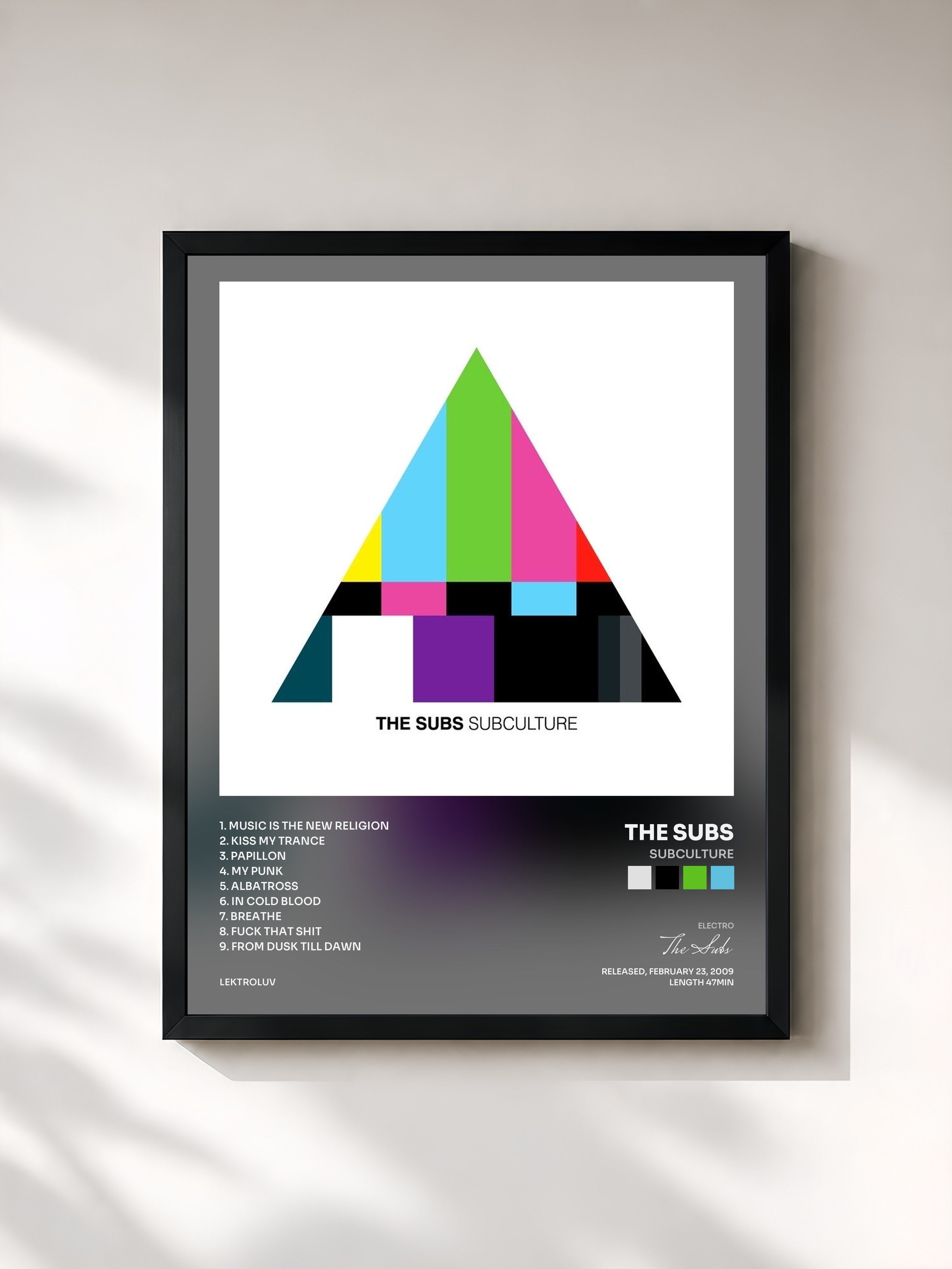 #noir Tableau de l'album Subculture de The Subs, cadre noir, imprimé et encadré en France