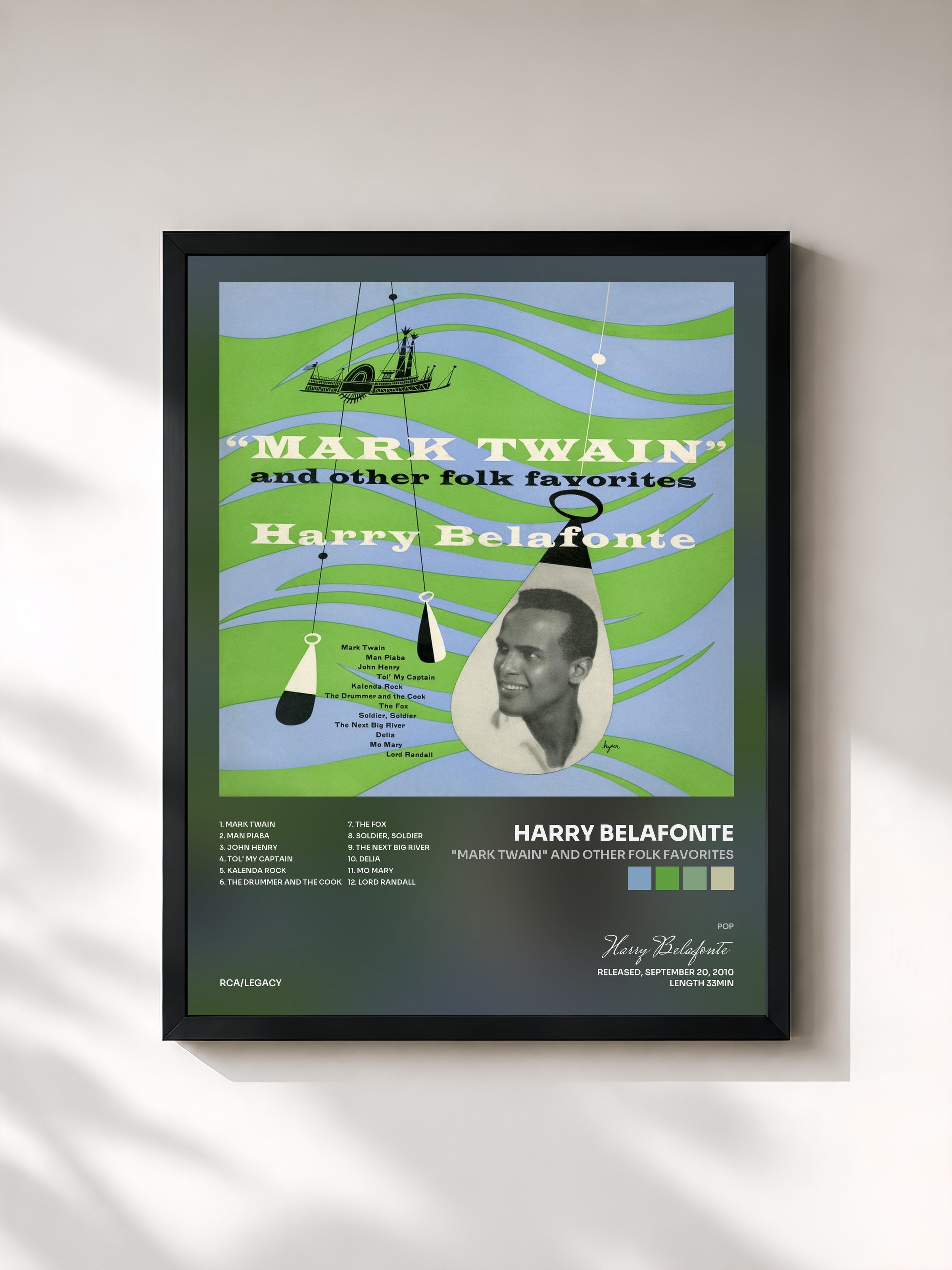 #noir Tableau de l'album "Mark Twain" and Other Folk Favorites de Harry Belafonte, cadre noir, imprimé et encadré en France