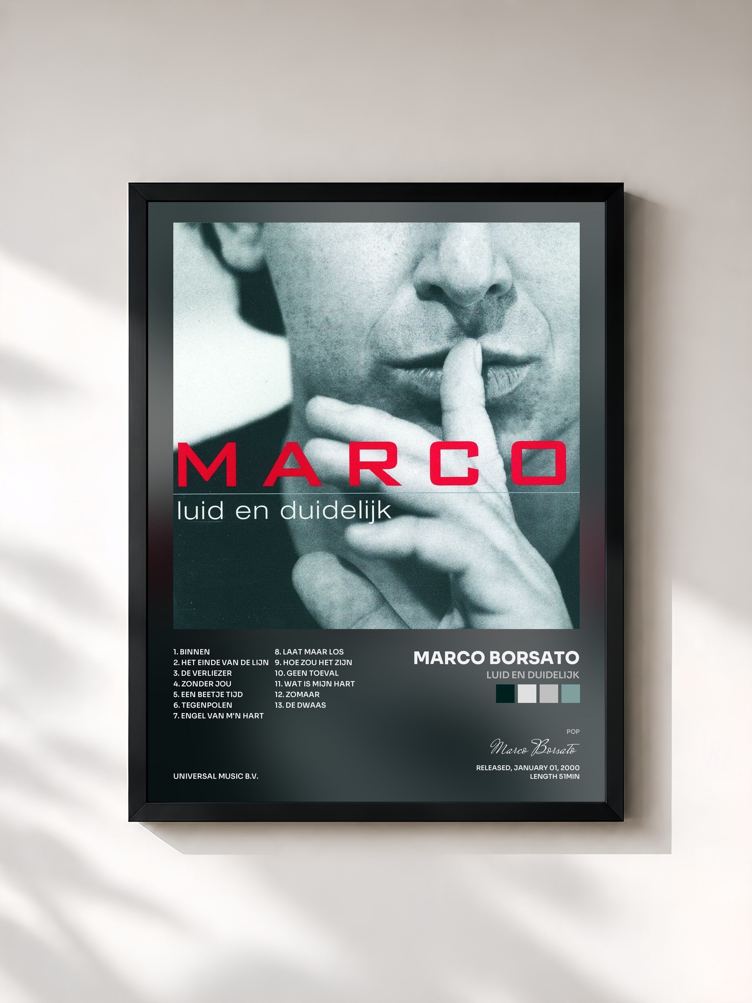 #noir Tableau de l'album Luid En Duidelijk de Marco Borsato, cadre noir, imprimé et encadré en France