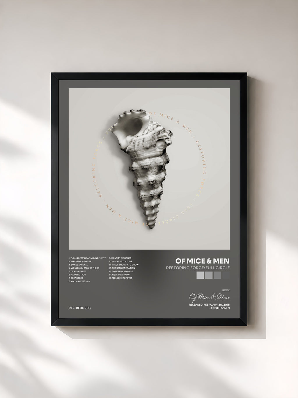 #noir Tableau de l'album Restoring Force: Full Circle de Of Mice & Men, cadre noir, imprimé et encadré en France