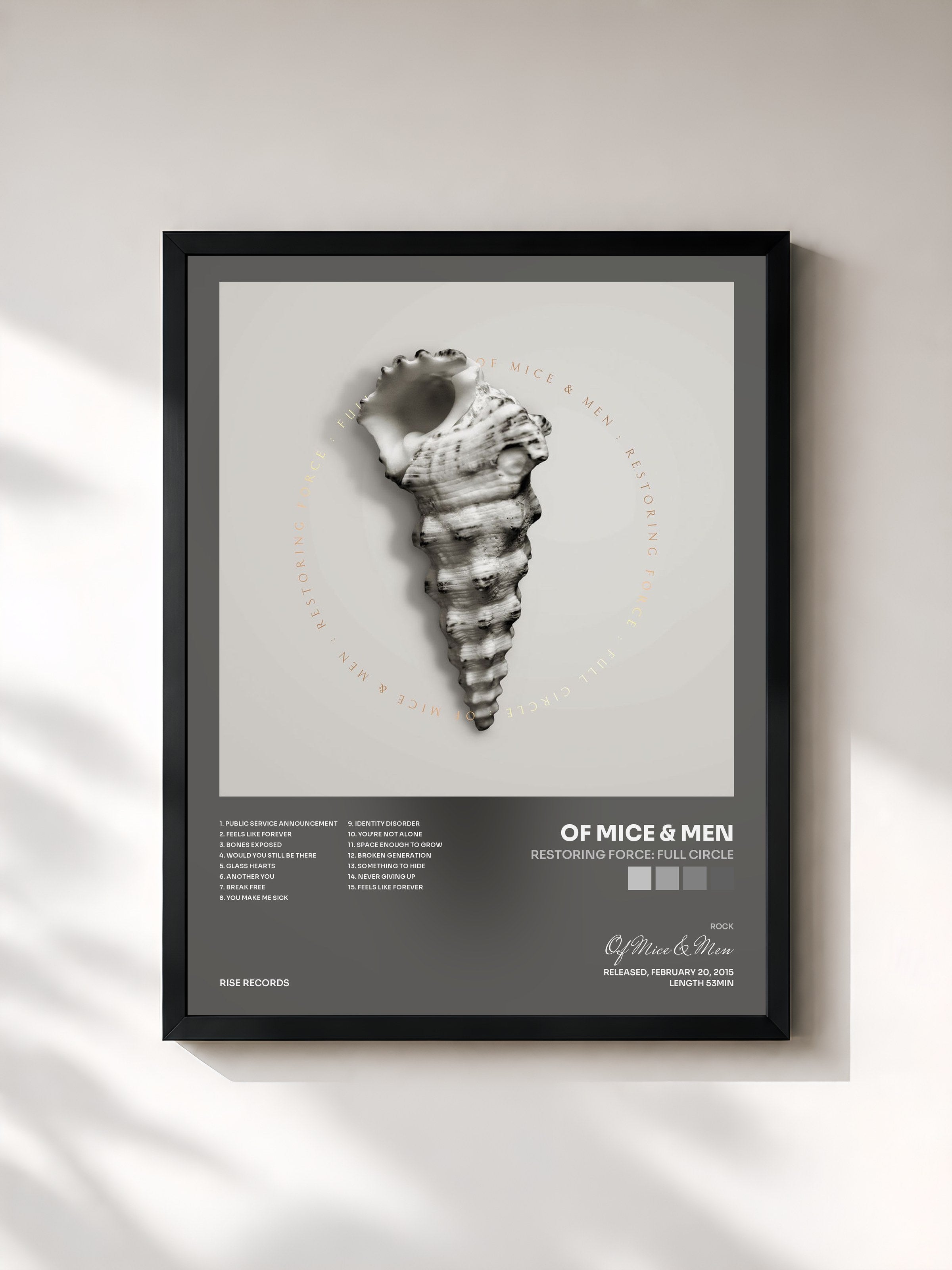 #noir Tableau de l'album Restoring Force: Full Circle de Of Mice & Men, cadre noir, imprimé et encadré en France