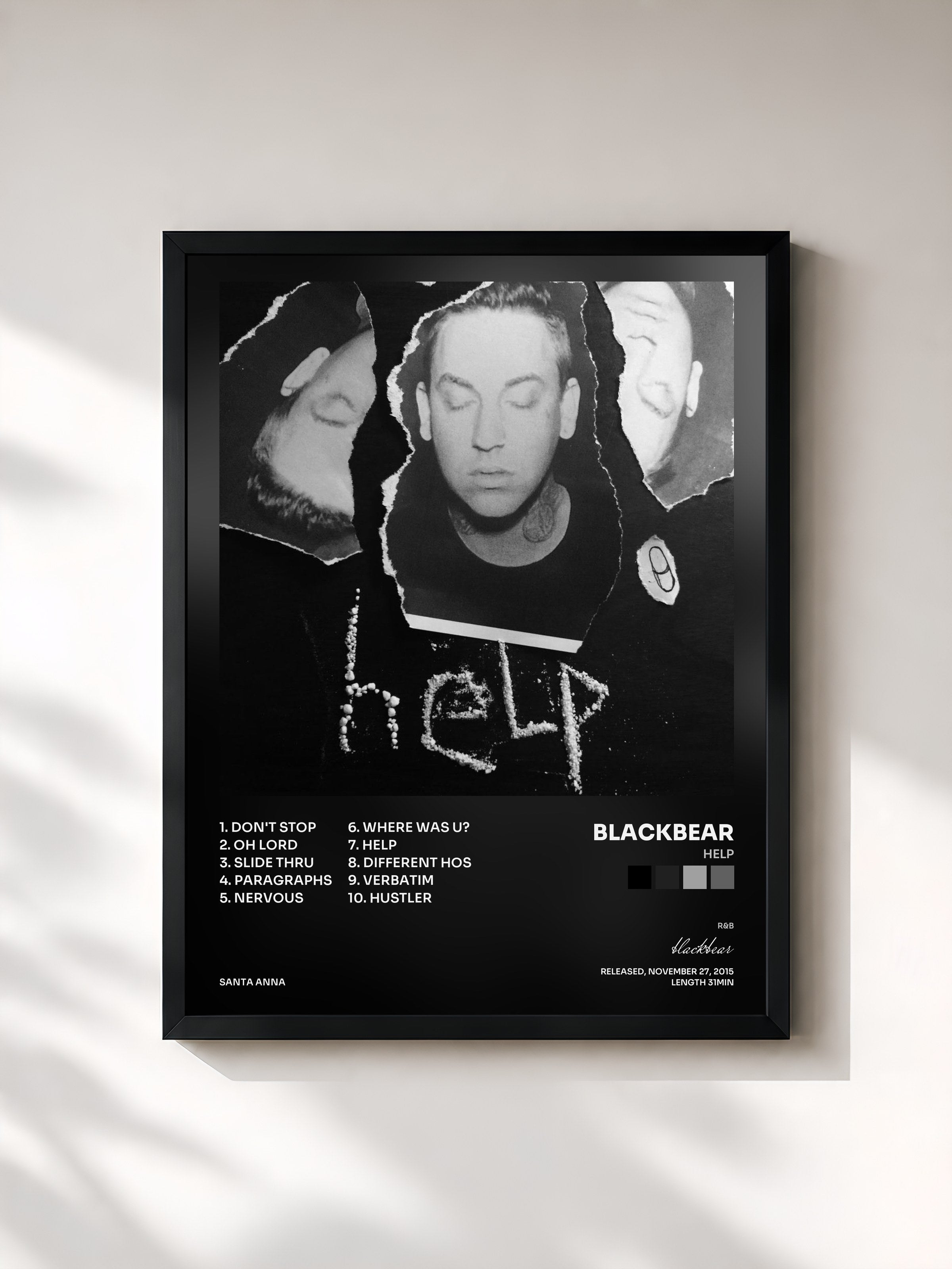 #noir Tableau de l'album help de blackbear, cadre noir, imprimé et encadré en France