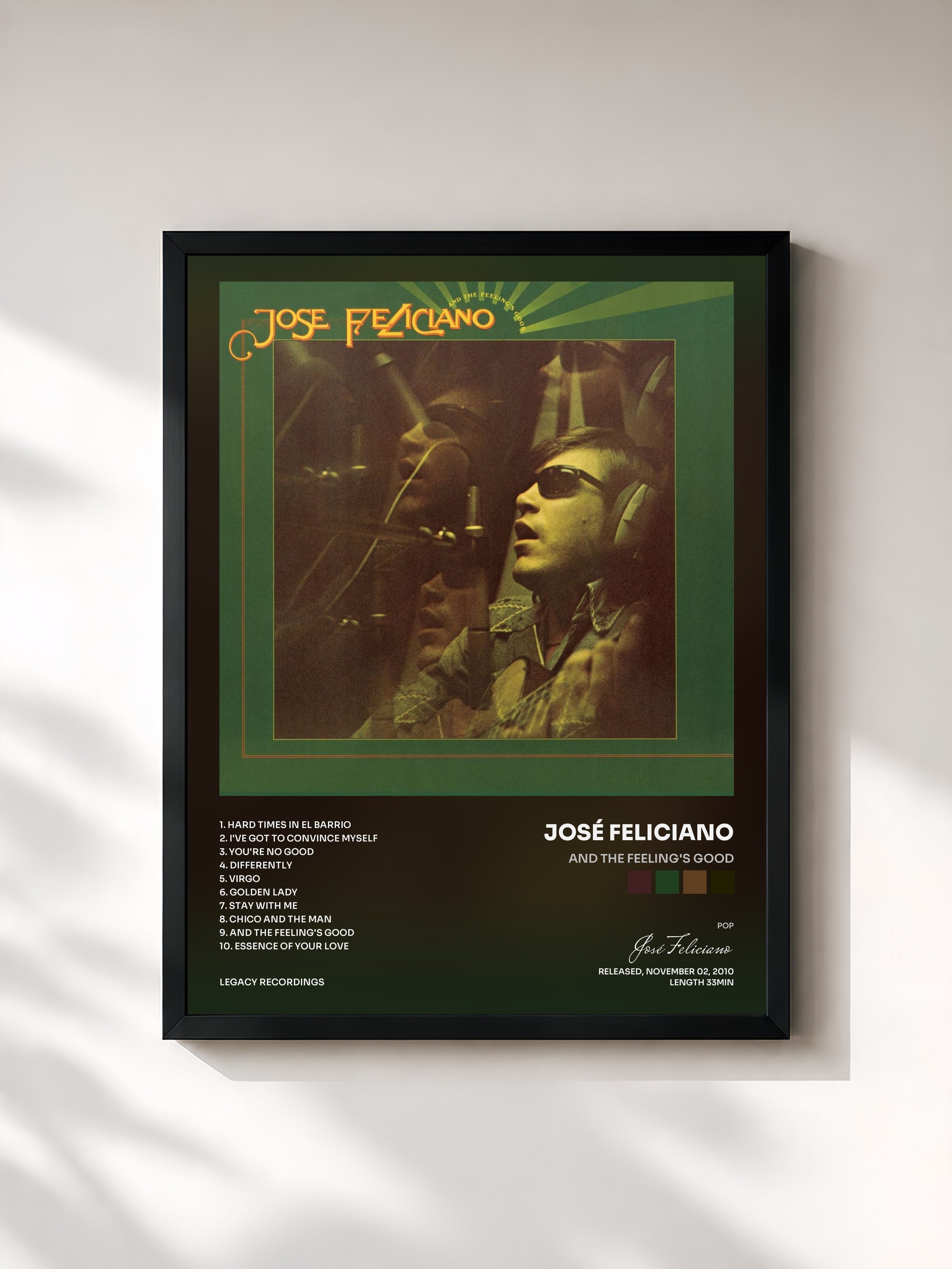 #noir Tableau de l'album And The Feeling's Good de José Feliciano, cadre noir, imprimé et encadré en France