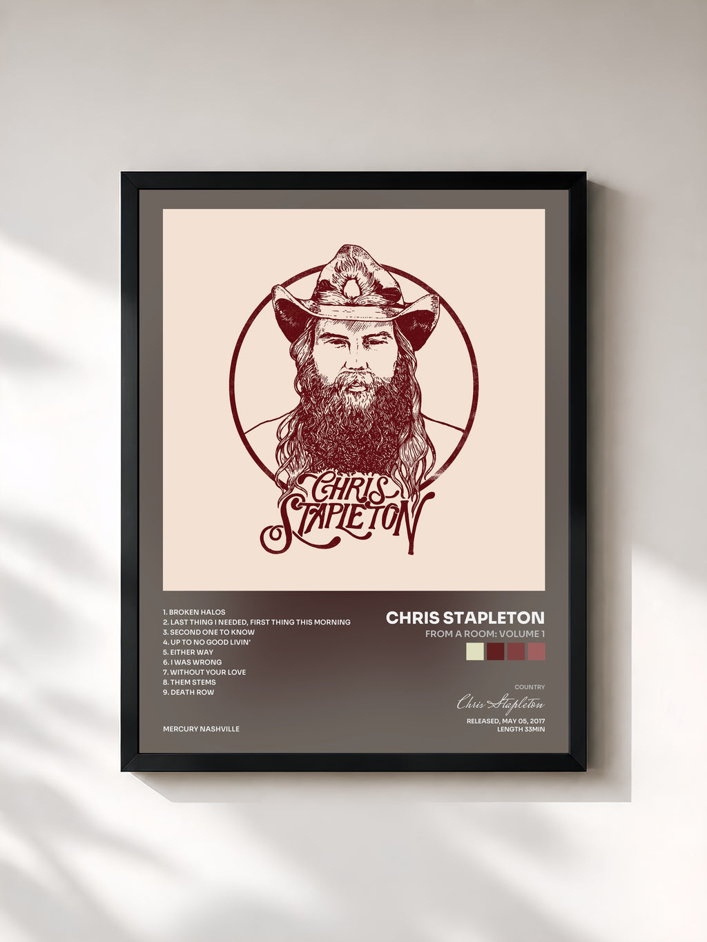 #noir Tableau de l'album From A Room: Volume 1 de Chris Stapleton, cadre noir, imprimé et encadré en France