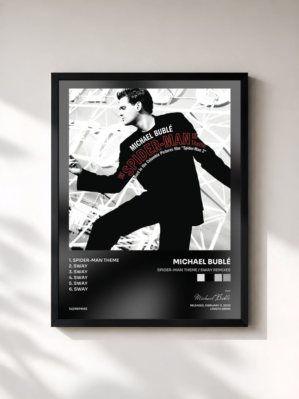 #noir Tableau de l'album Spider-Man Theme / Sway Remixes de Michael Bublé, cadre noir, imprimé et encadré en France