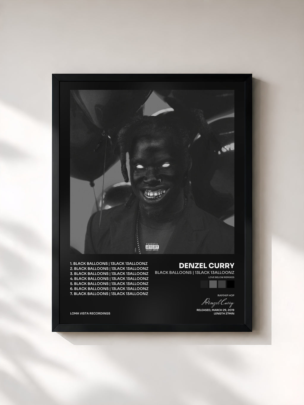 #noir Tableau de l'album BLACK BALLOONS | 13LACK 13ALLOONZ (Love Below Remixes) de Denzel Curry, cadre noir, imprimé et encadré en France