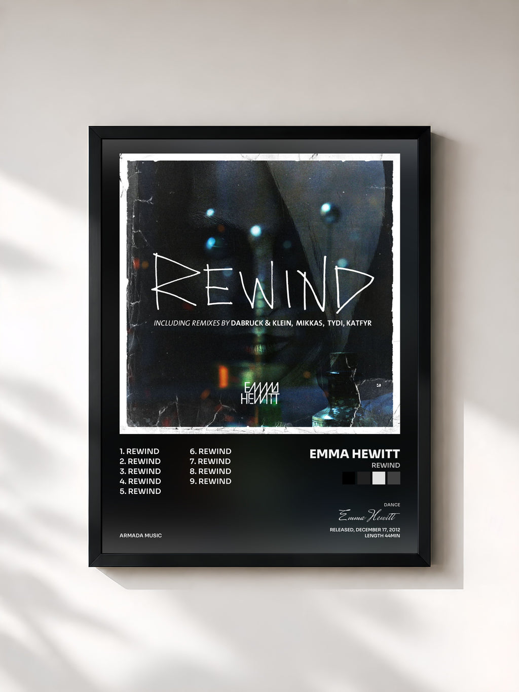 #noir Tableau de l'album Rewind de Emma Hewitt, cadre noir, imprimé et encadré en France