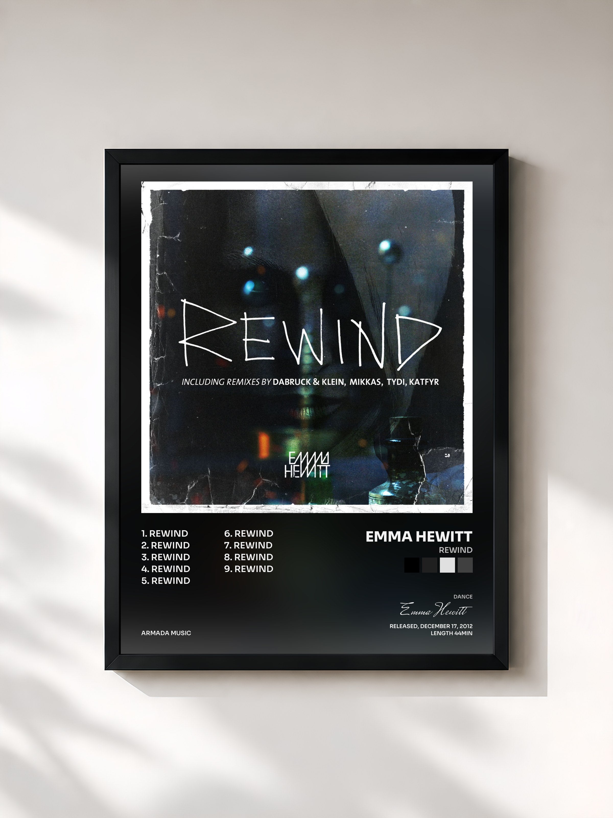#noir Tableau de l'album Rewind de Emma Hewitt, cadre noir, imprimé et encadré en France