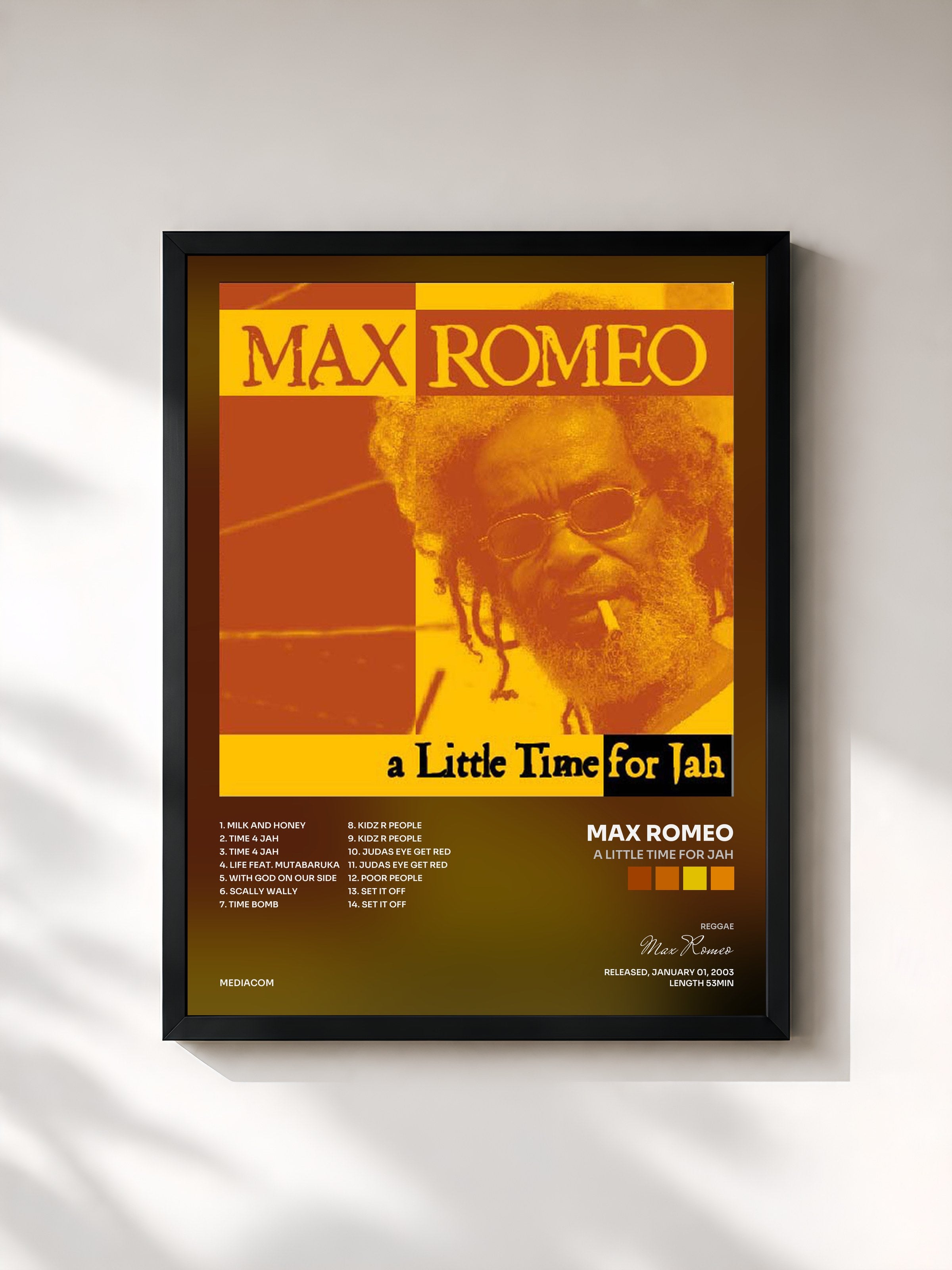#noir Tableau de l'album A Little Time For Jah de Max Romeo, cadre noir, imprimé et encadré en France