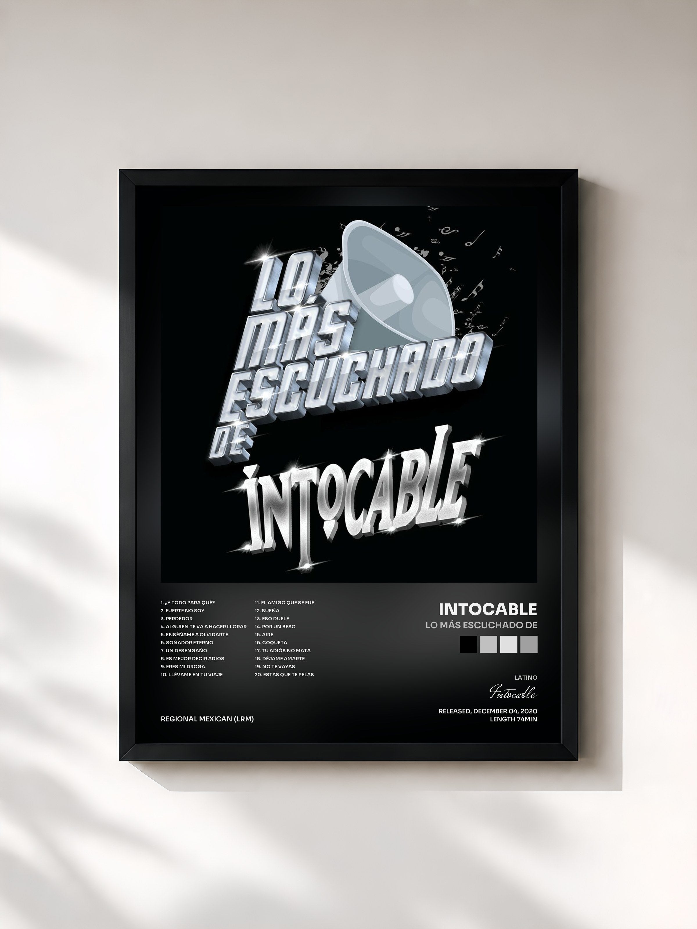 #noir Tableau de l'album Lo Más Escuchado De de Intocable, cadre noir, imprimé et encadré en France