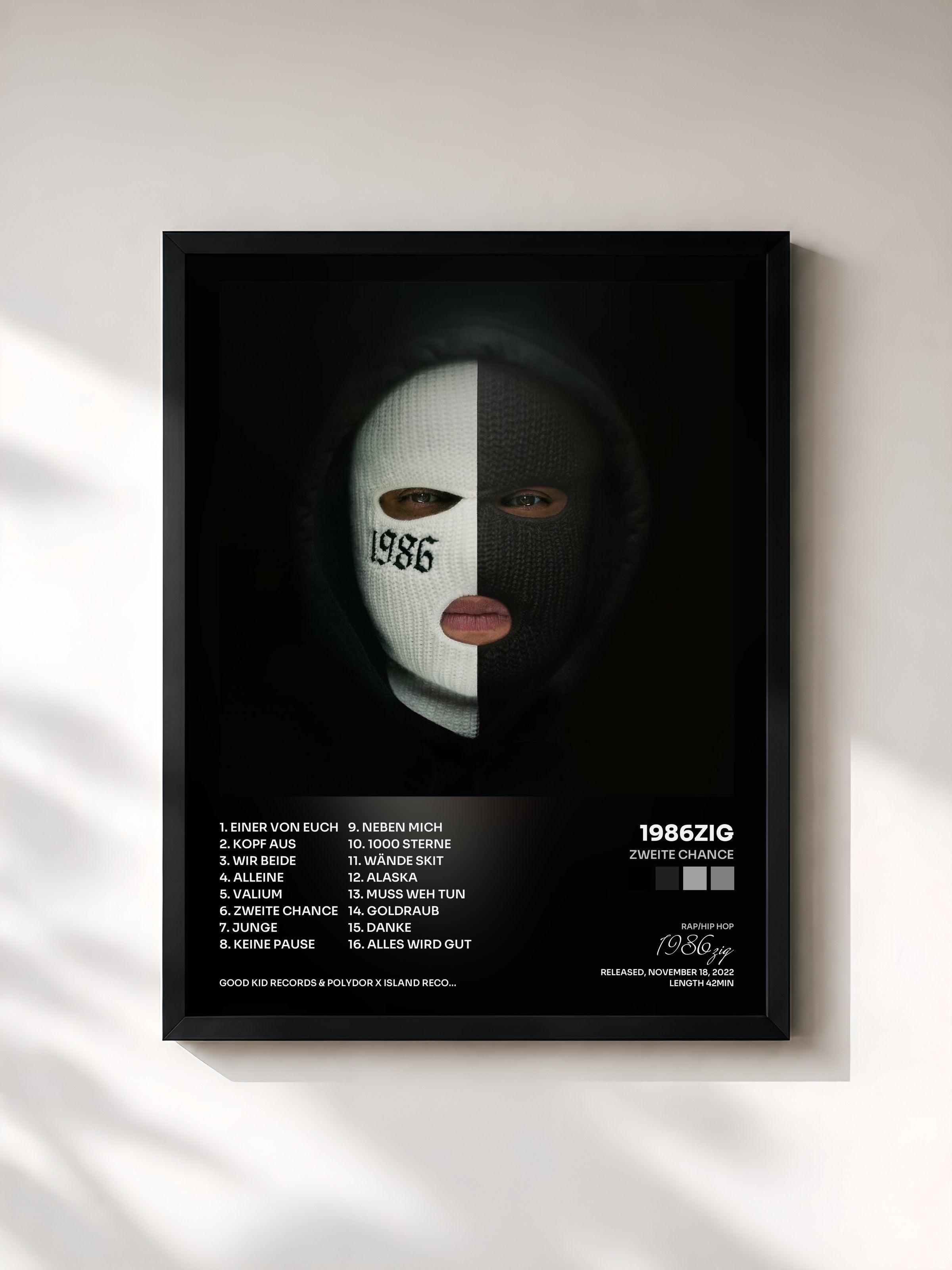 #noir Tableau de l'album Zweite Chance de 1986zig, cadre noir, imprimé et encadré en France