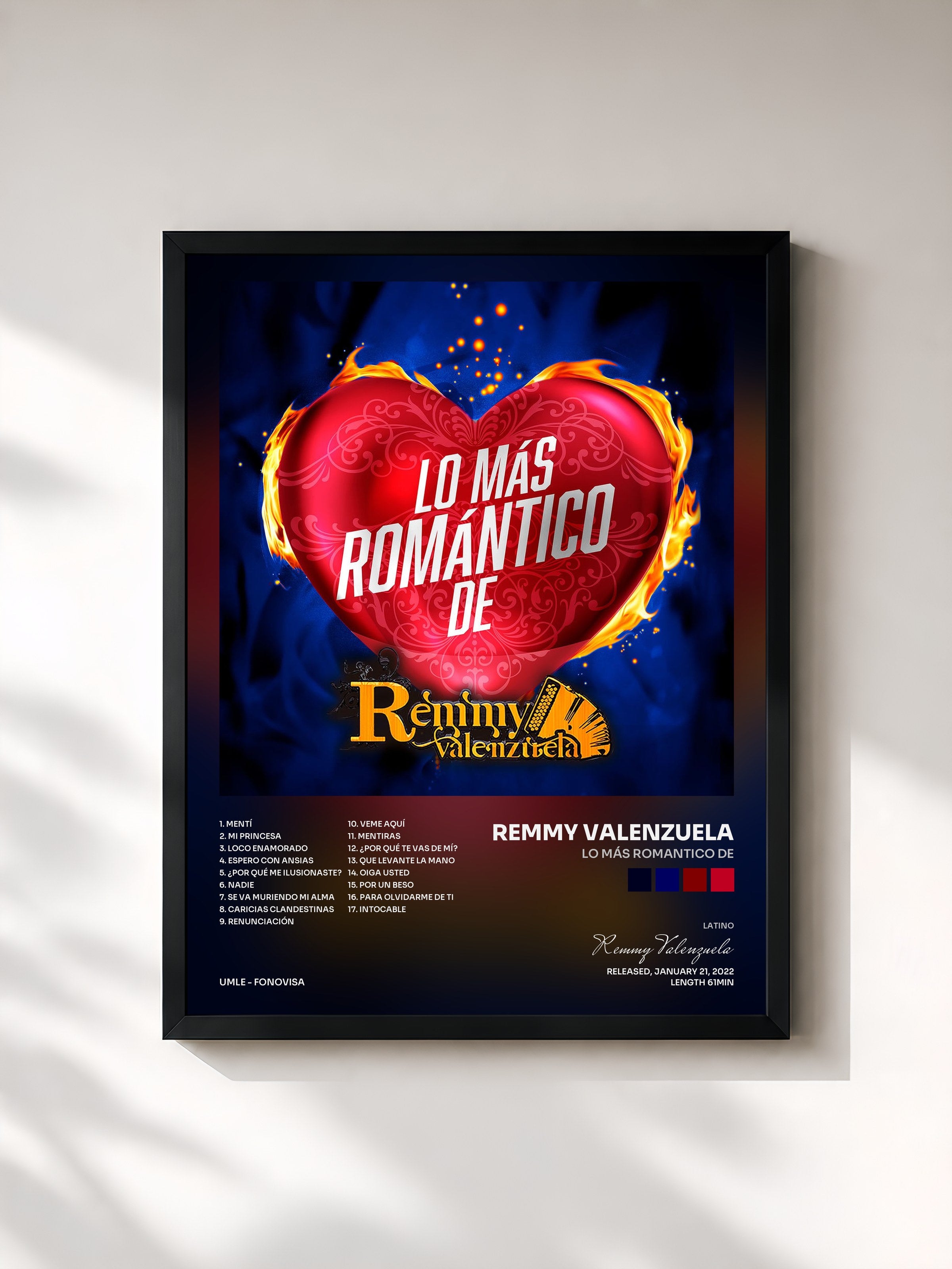 #noir Tableau de l'album Lo Más Romantico De de Remmy Valenzuela, cadre noir, imprimé et encadré en France