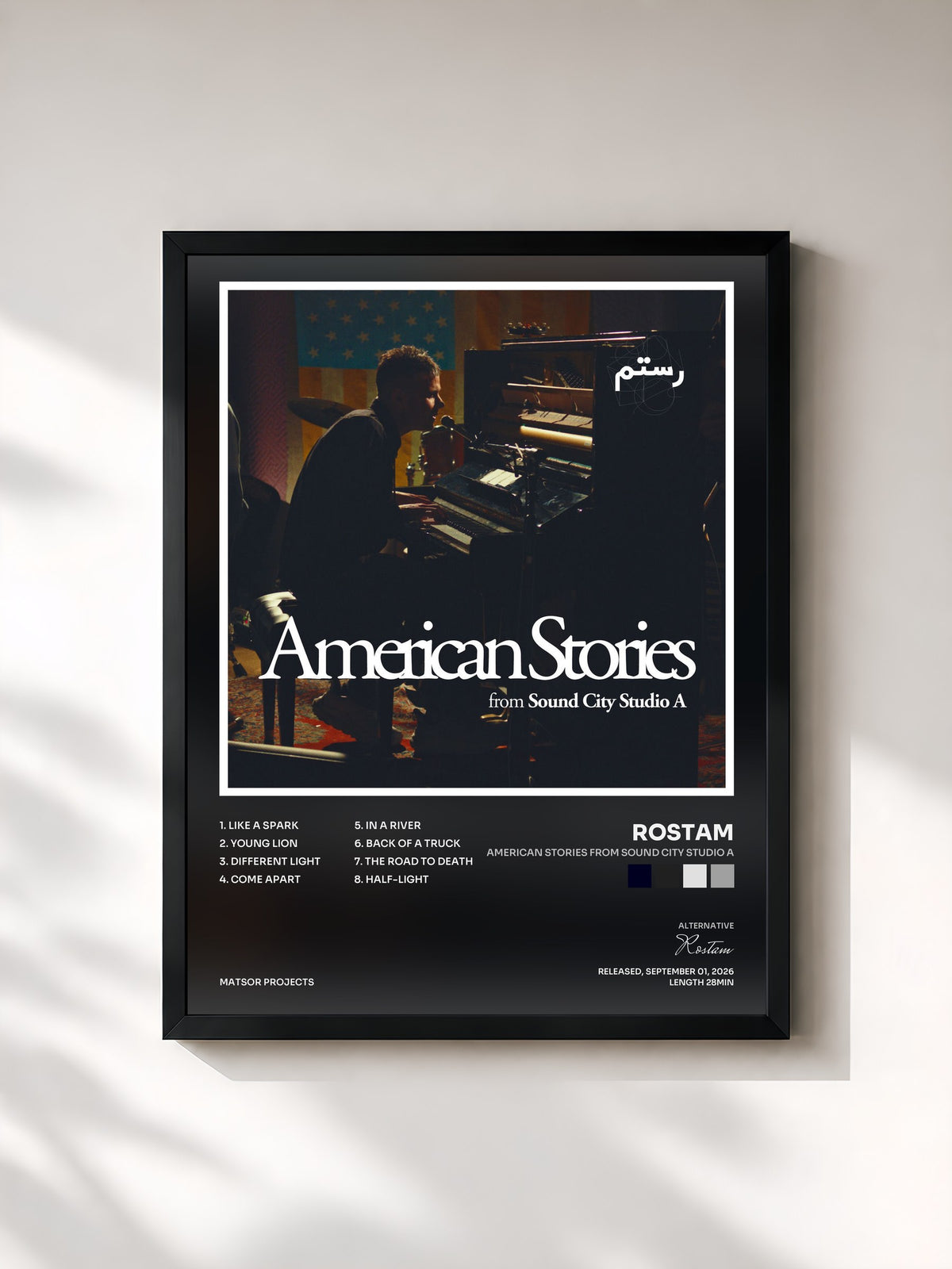 #noir Tableau de l'album American Stories from Sound City Studio A de Rostam, cadre noir, imprimé et encadré en France