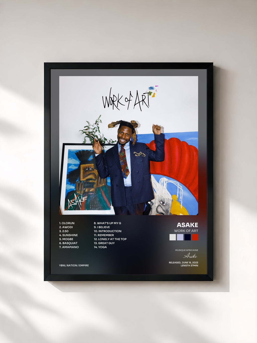 #noir Tableau de l'album Work Of Art de Asake, cadre noir, imprimé et encadré en France