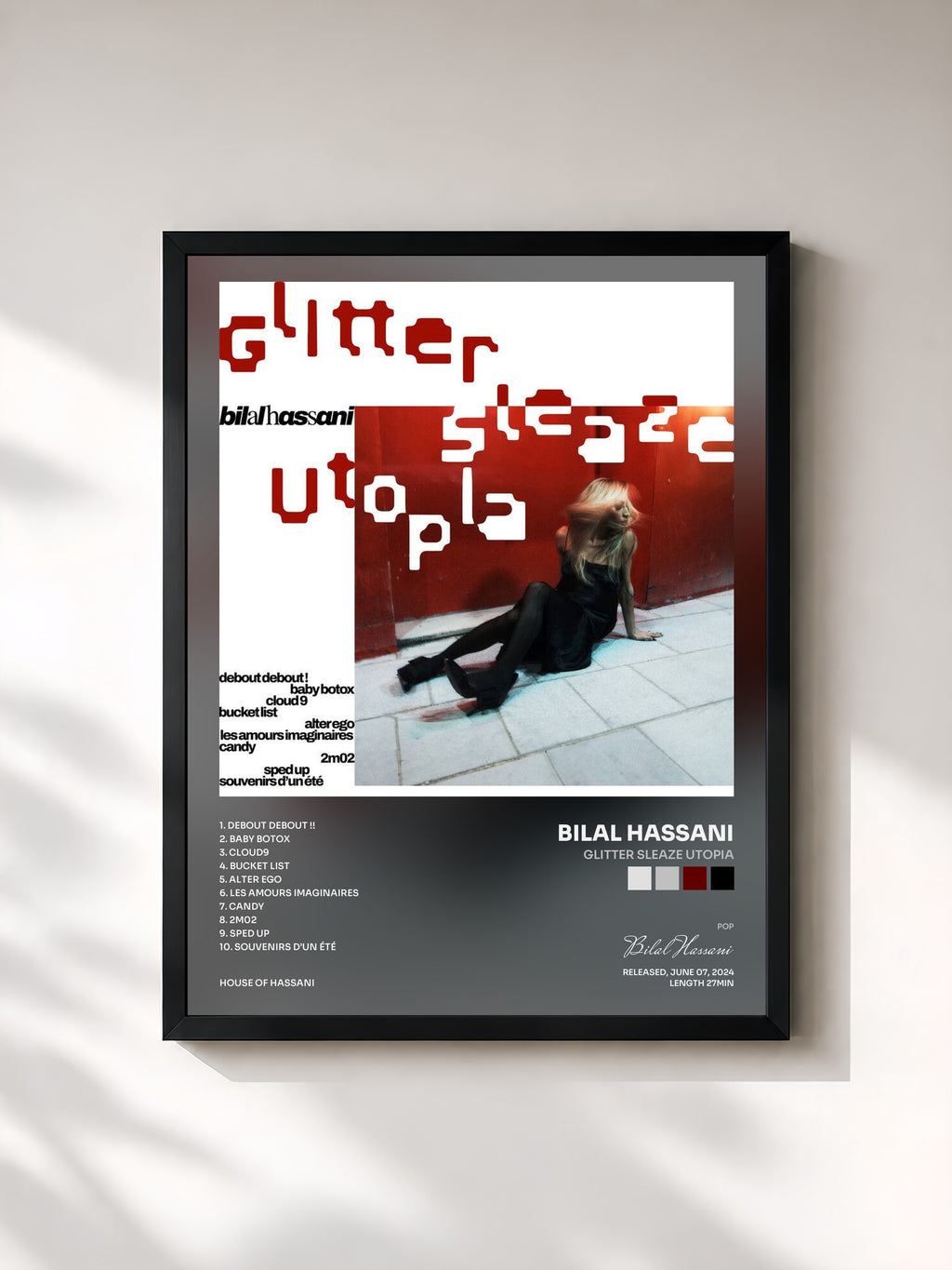 #noir Tableau de l'album Glitter Sleaze Utopia de Bilal Hassani, cadre noir, imprimé et encadré en France