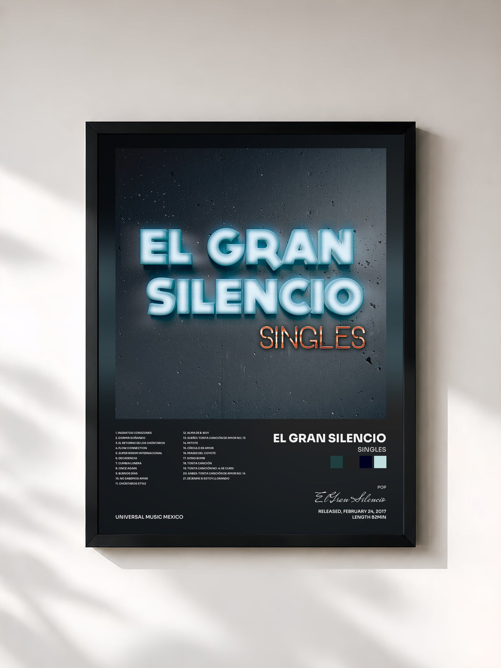 #noir Tableau de l'album Singles de El Gran Silencio, cadre noir, imprimé et encadré en France