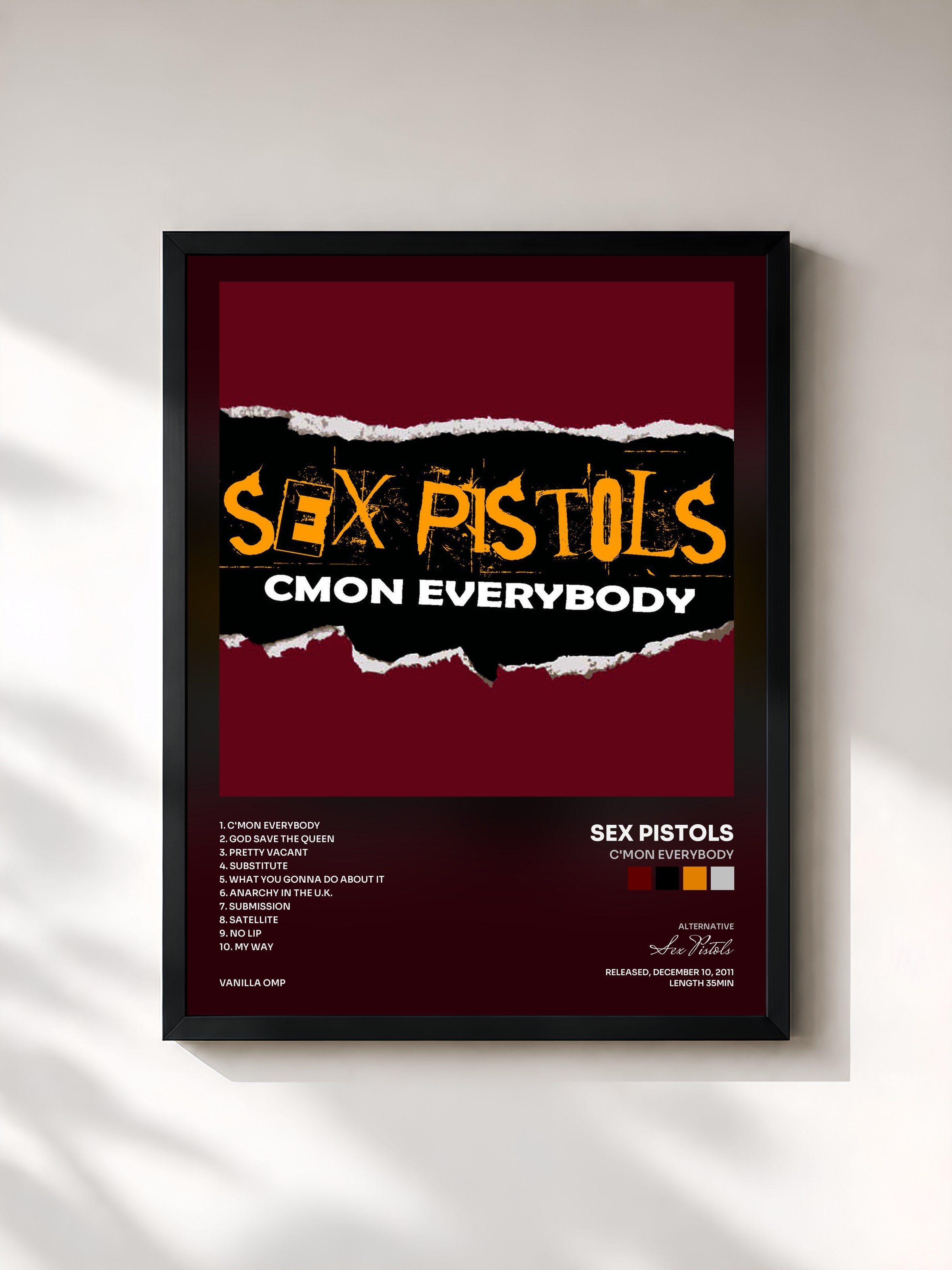 #noir Tableau de l'album C'mon Everybody de Sex Pistols, cadre noir, imprimé et encadré en France