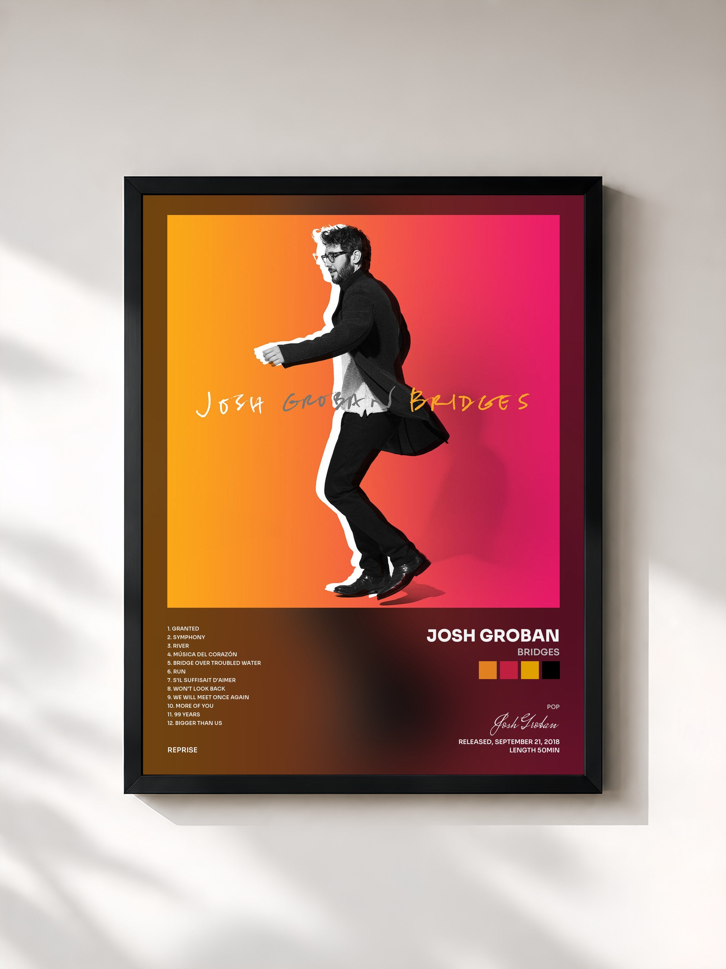 #noir Tableau de l'album Bridges de Josh Groban, cadre noir, imprimé et encadré en France