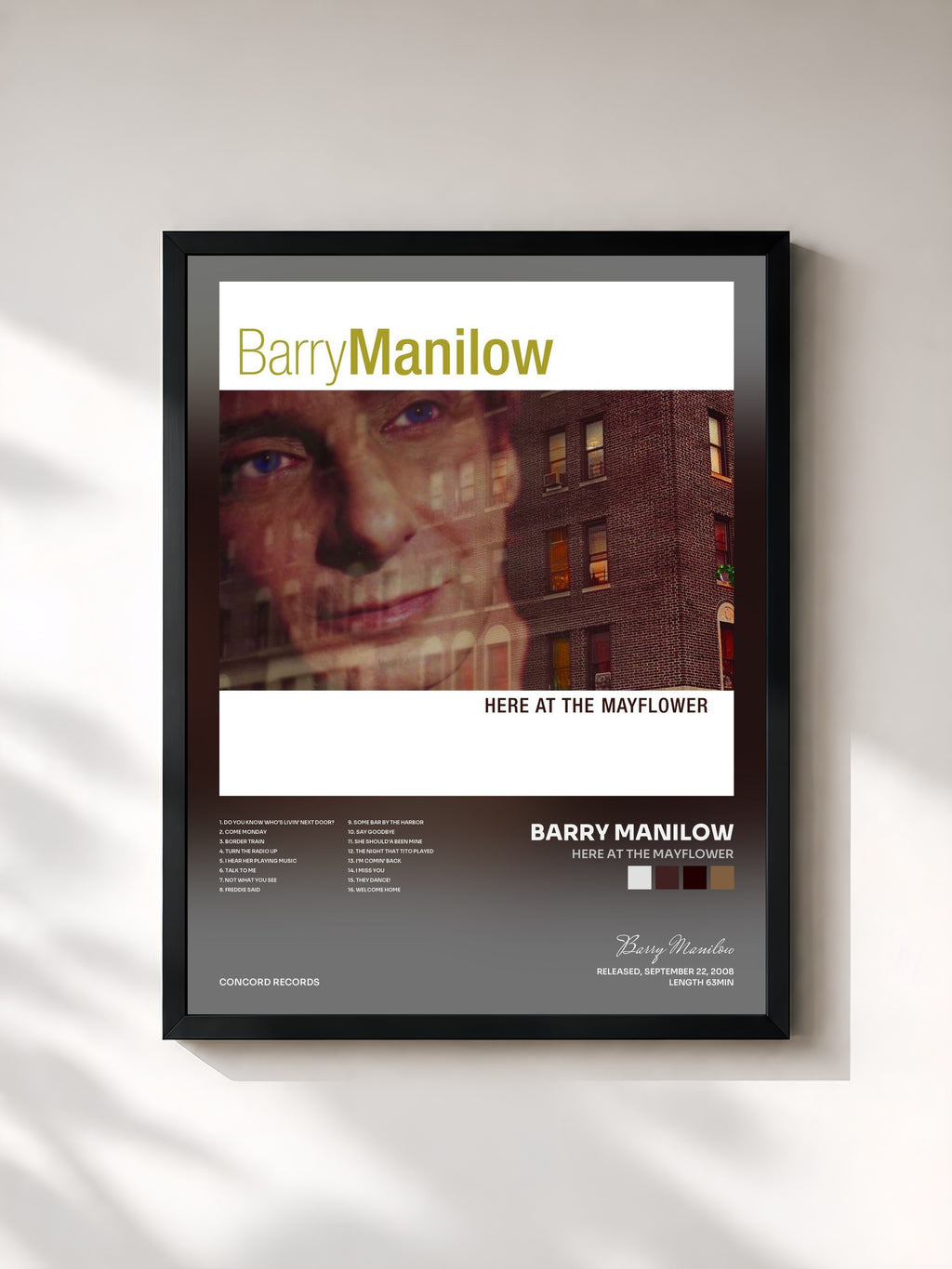#noir Tableau de l'album Here At The Mayflower de Barry Manilow, cadre noir, imprimé et encadré en France