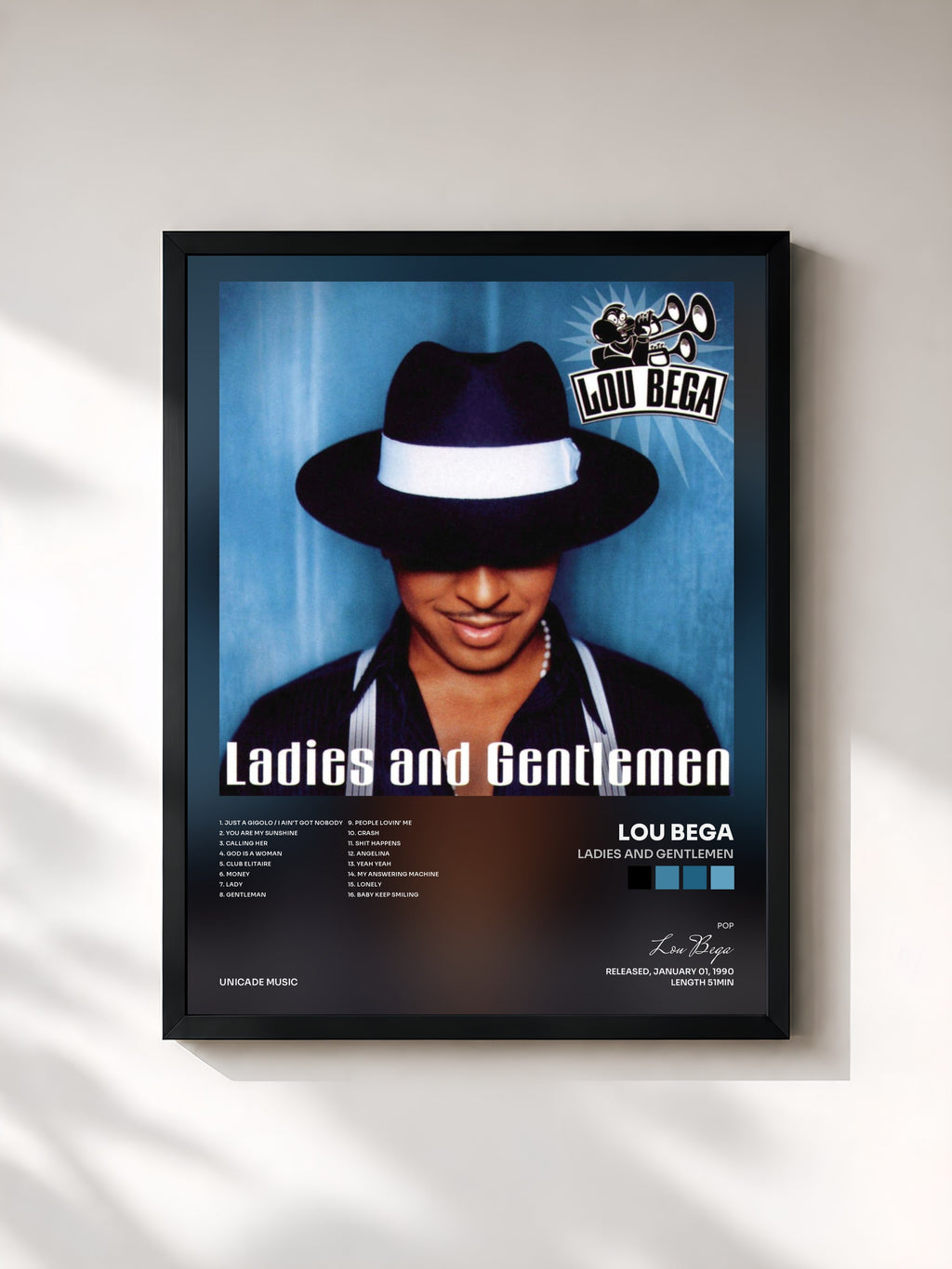 #noir Tableau de l'album Ladies And Gentlemen de Lou Bega, cadre noir, imprimé et encadré en France