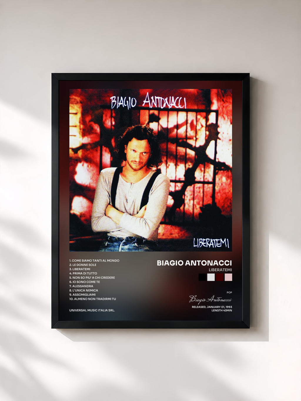 #noir Tableau de l'album Liberatemi de Biagio Antonacci, cadre noir, imprimé et encadré en France