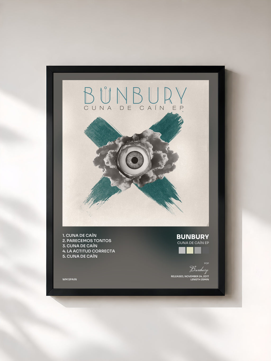 #noir Tableau de l'album Cuna de Caín EP de Bunbury, cadre noir, imprimé et encadré en France
