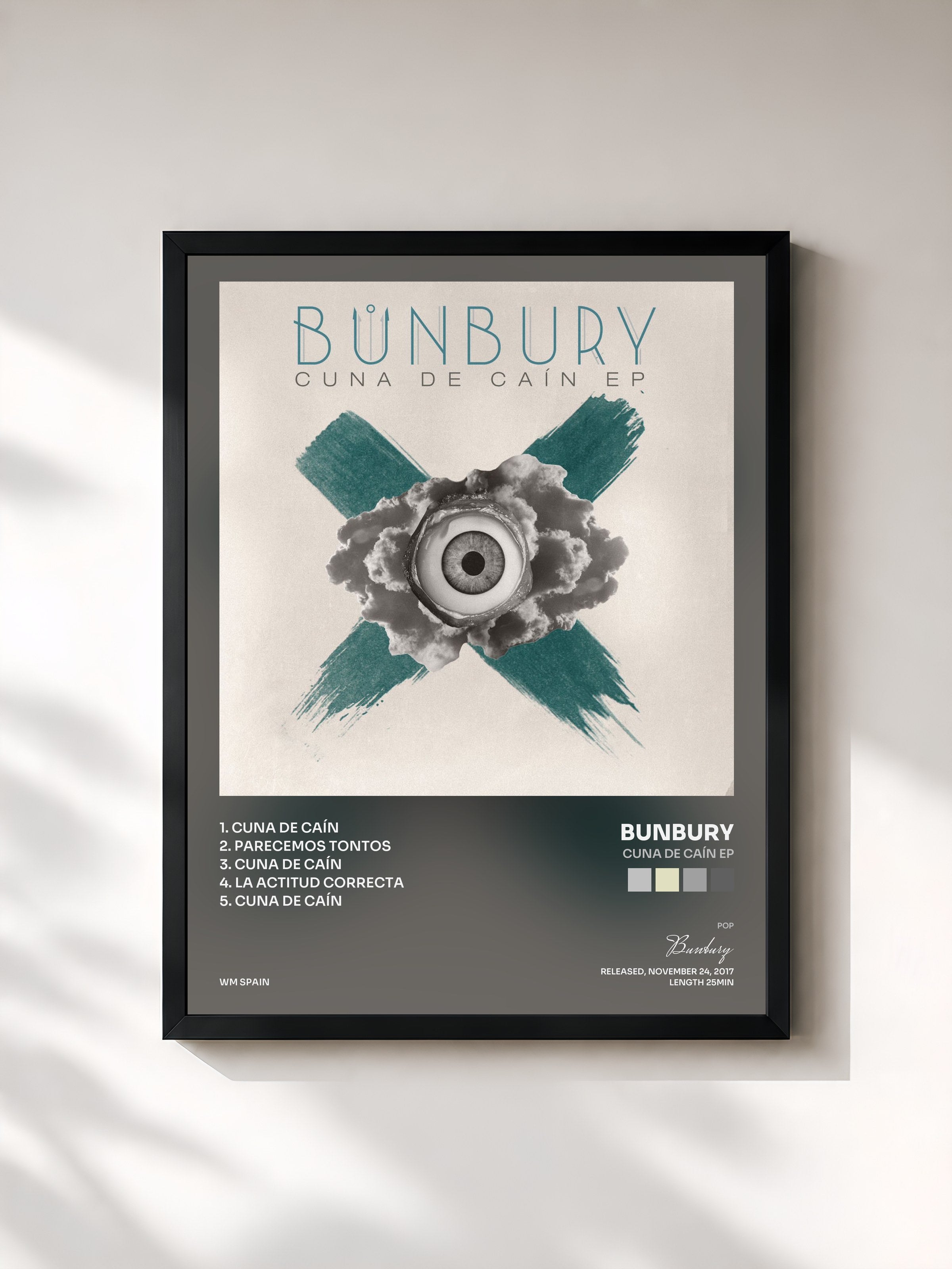 #noir Tableau de l'album Cuna de Caín EP de Bunbury, cadre noir, imprimé et encadré en France