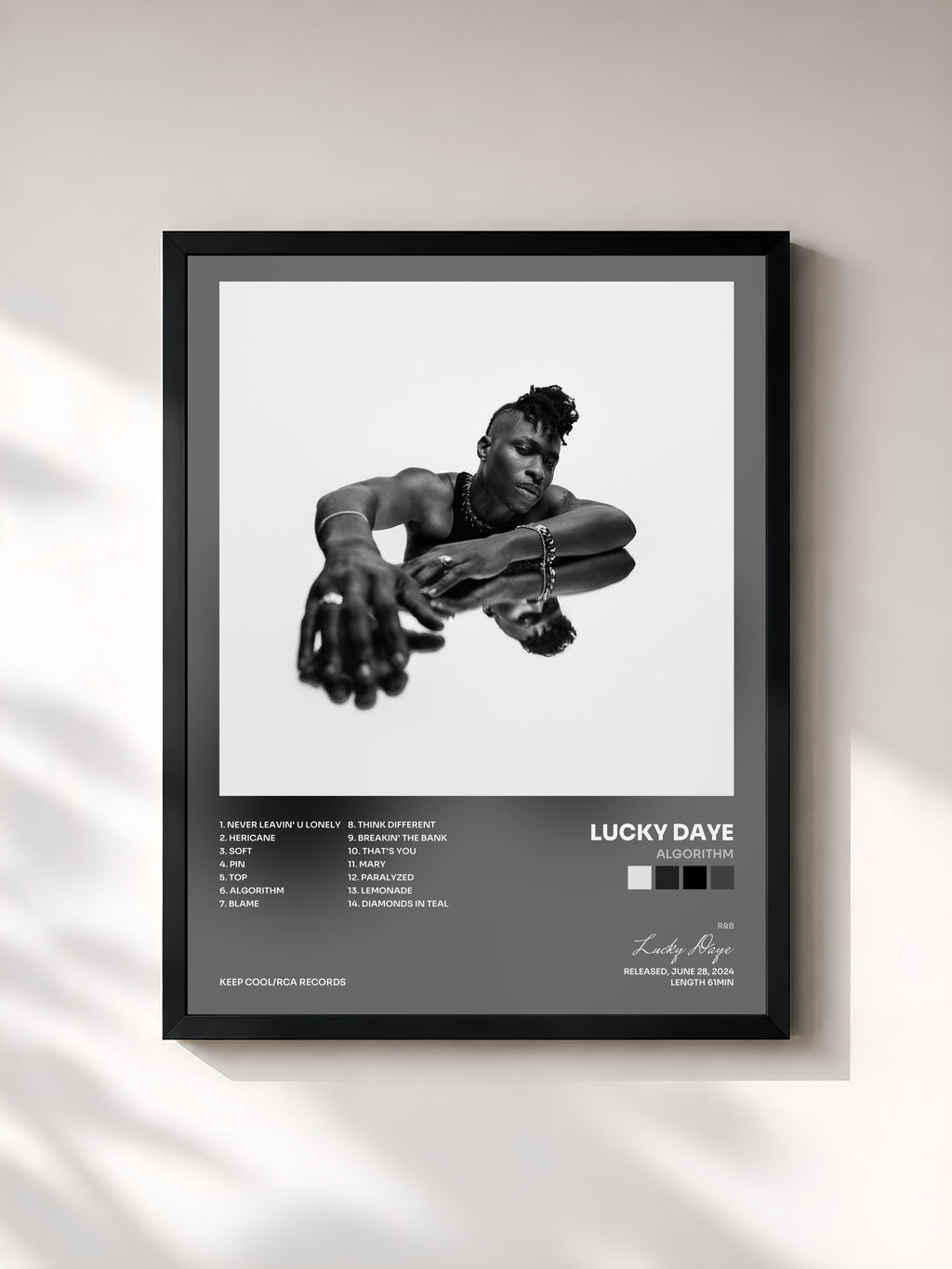 #noir Tableau de l'album Algorithm de Lucky Daye, cadre noir, imprimé et encadré en France