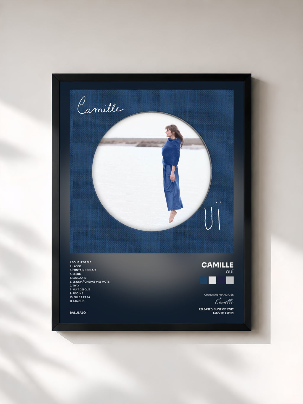 #noir Tableau de l'album OUÏ de Camille, cadre noir, imprimé et encadré en France