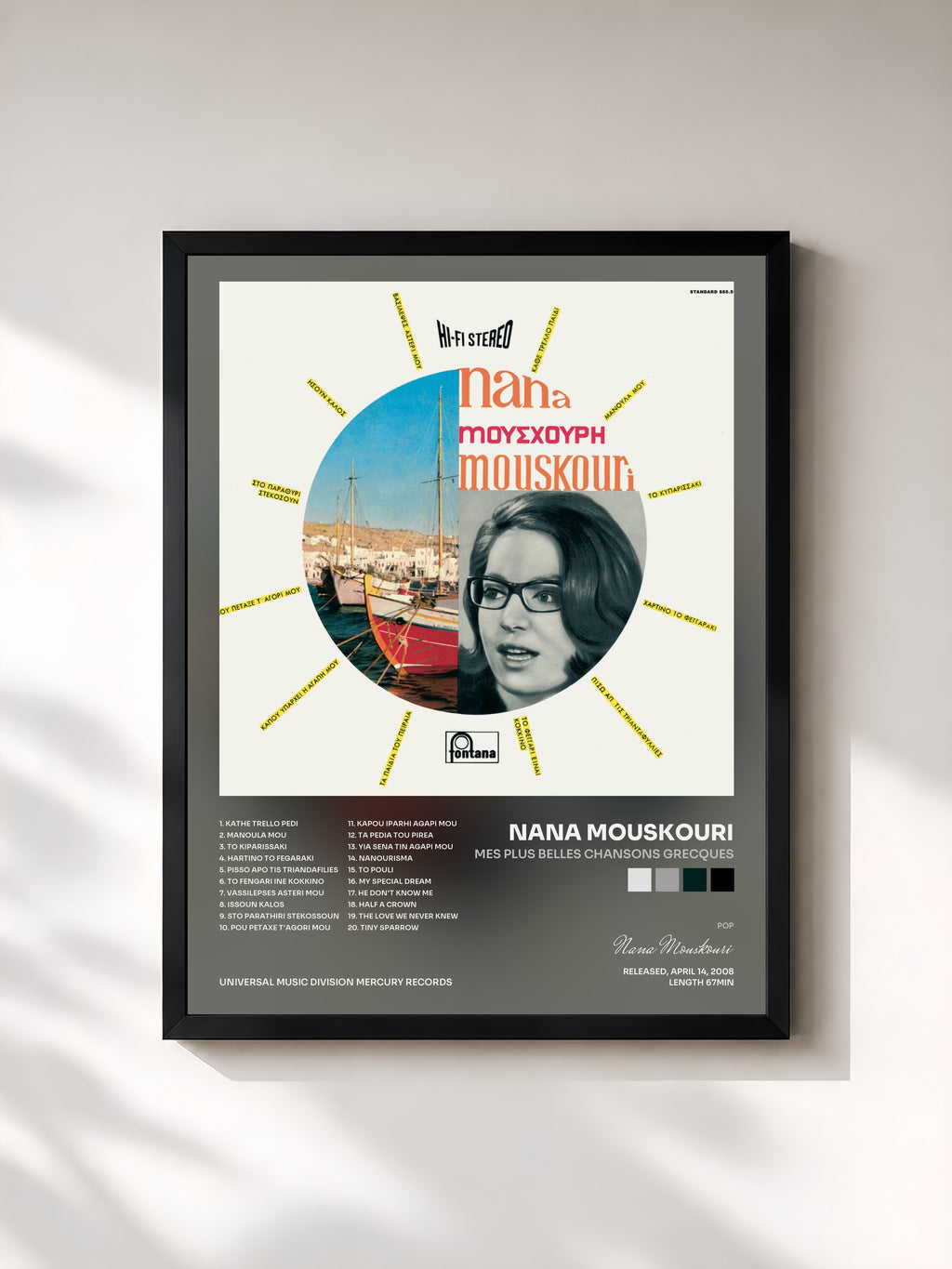 #noir Tableau de l'album Mes Plus Belles Chansons Grecques de Nana Mouskouri, cadre noir, imprimé et encadré en France