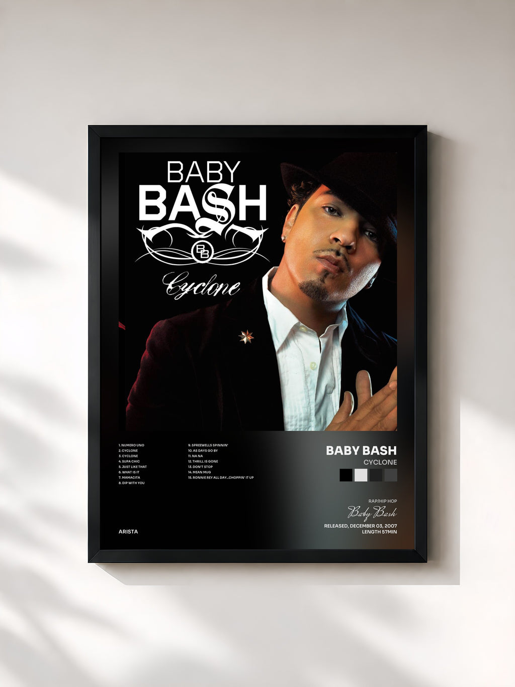 #noir Tableau de l'album Cyclone de Baby Bash, cadre noir, imprimé et encadré en France