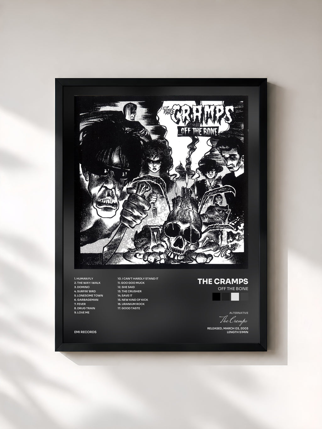 #noir Tableau de l'album Off The Bone de The Cramps, cadre noir, imprimé et encadré en France