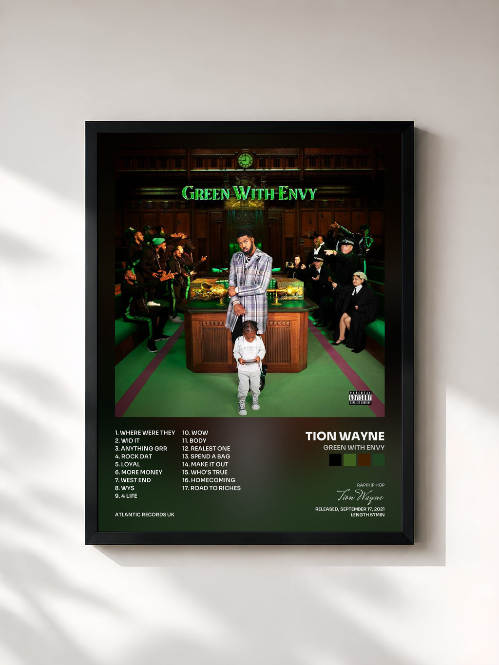 #noir Tableau de l'album Green With Envy de Tion Wayne, cadre noir, imprimé et encadré en France