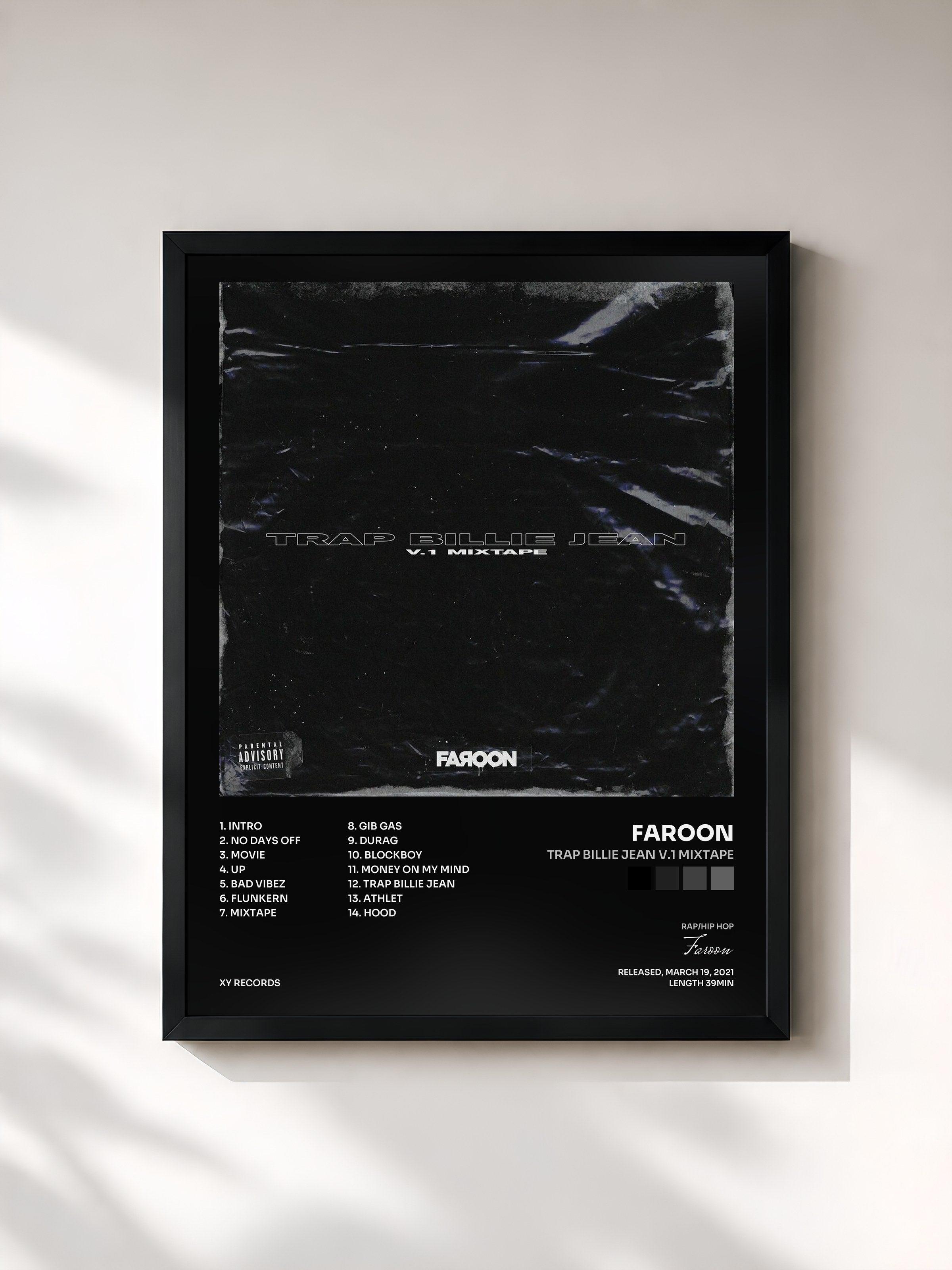 #noir Tableau de l'album Trap Billie Jean V.1 Mixtape de Faroon, cadre noir, imprimé et encadré en France