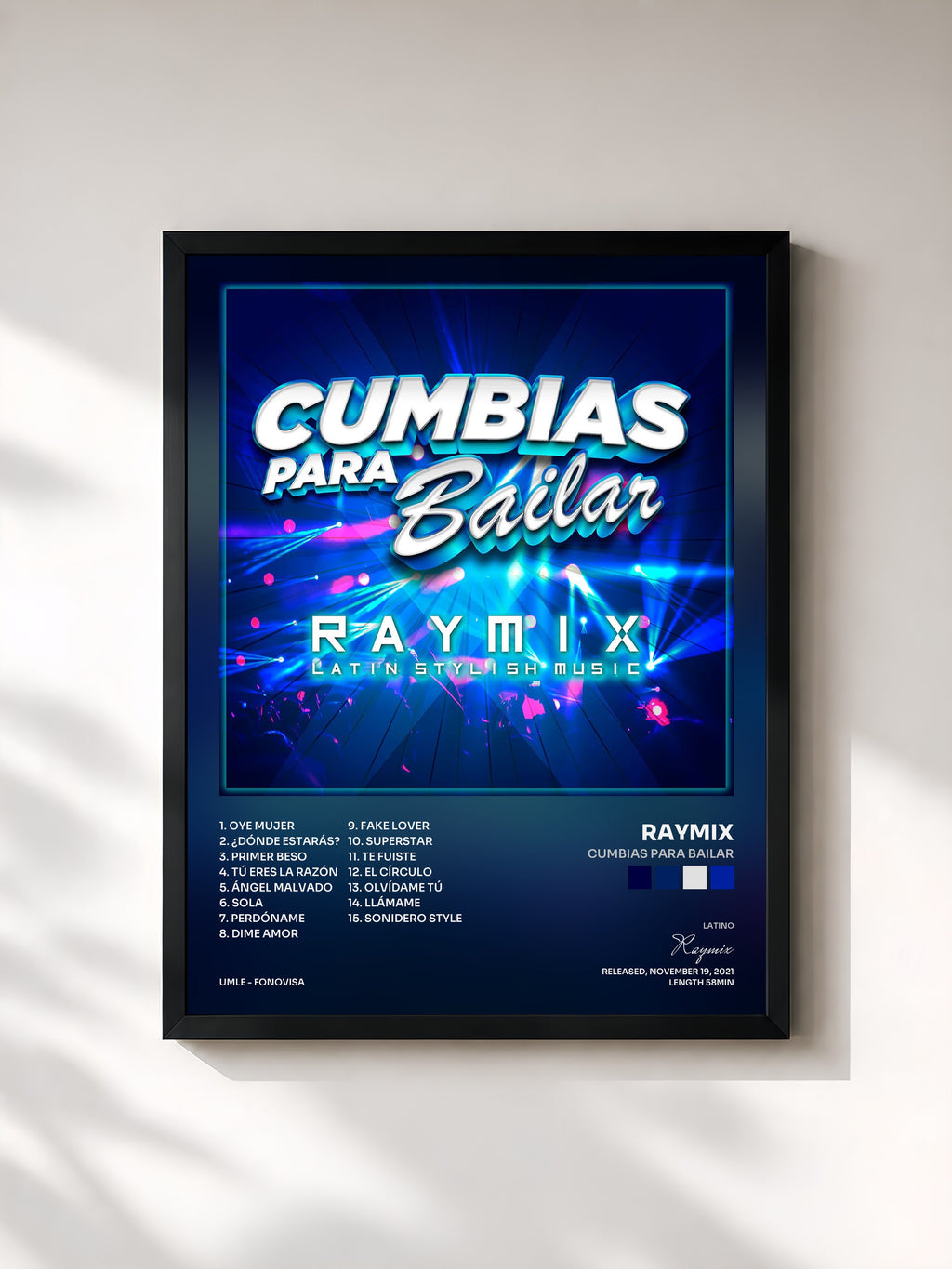 #noir Tableau de l'album Cumbias Para Bailar de Raymix, cadre noir, imprimé et encadré en France