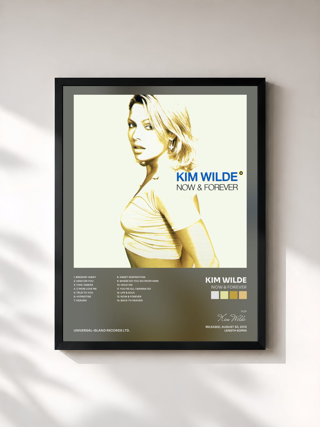 #noir Tableau de l'album Now & Forever de Kim Wilde, cadre noir, imprimé et encadré en France