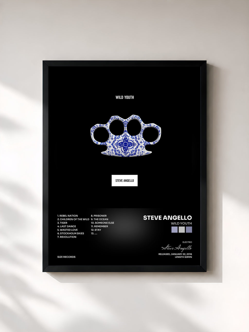 #noir Tableau de l'album Wild Youth de Steve Angello, cadre noir, imprimé et encadré en France